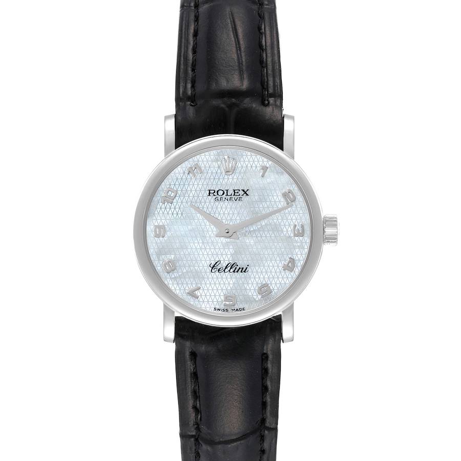 Rolex Cellini Classic  White Gold Mother of Pearl Dial Black Strap Ladies Watch 6110 SwissWatchExpo