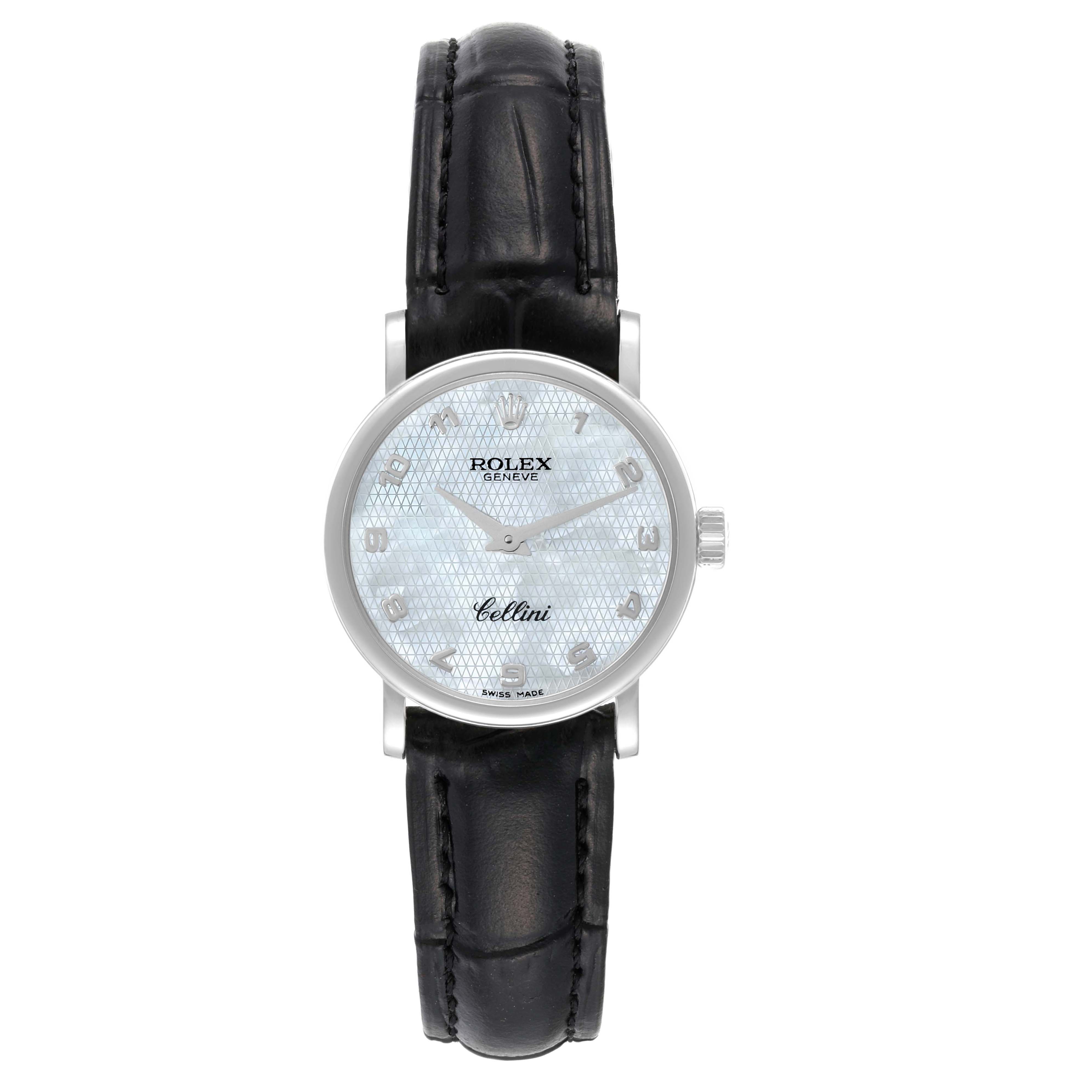 The image shows a frontal view of the Rolex Cellini 6110 Women's White Gold Mother of Pearl Dial 6110 Women's White Gold Mother of Pearl Dial watch, displaying its dial, hands, case, and black leather strap.