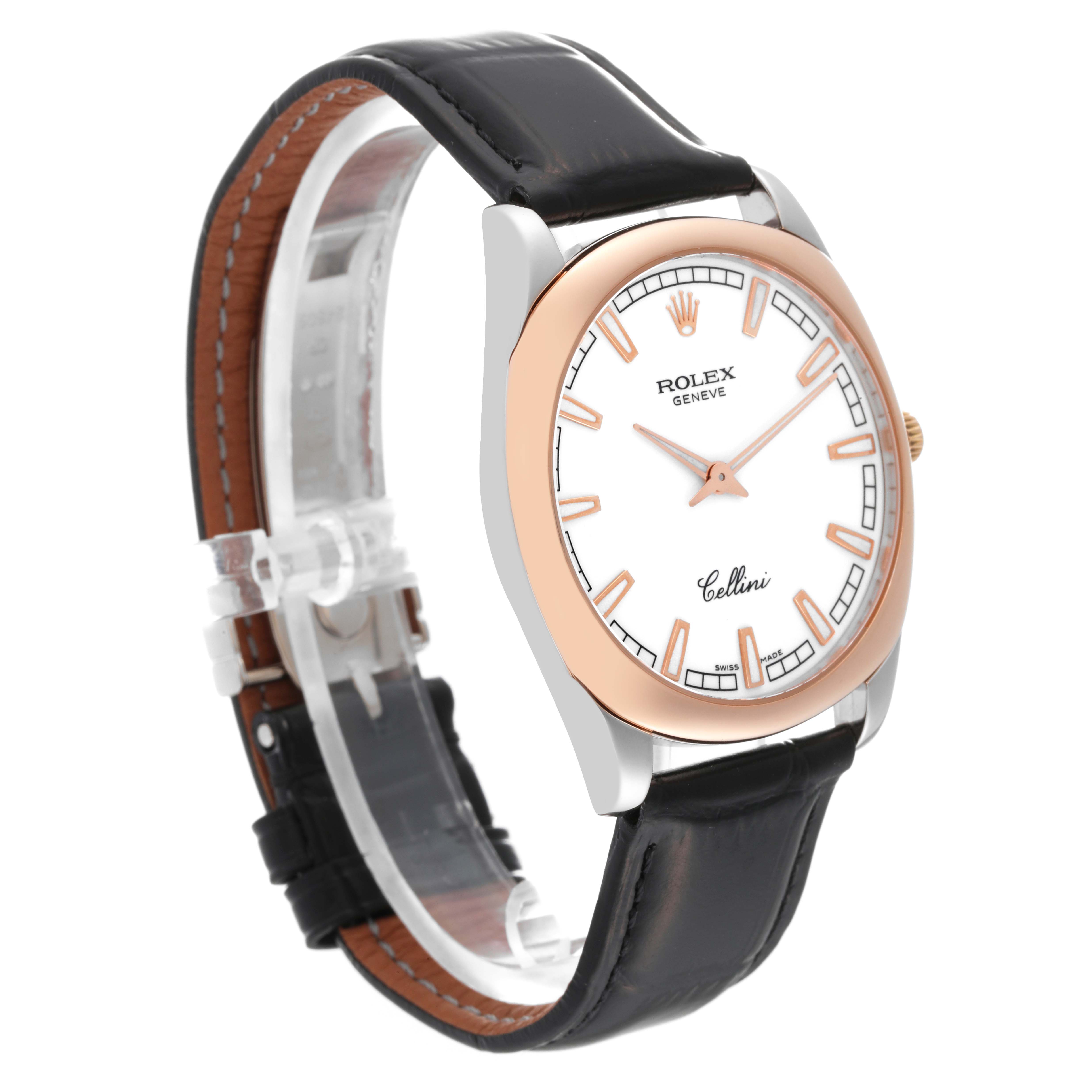 The image shows a Rolex Cellini 4243 Men's White Gold White Dial 4243 Men's White Gold White Dial watch angled to highlight its dial, case, and leather strap.