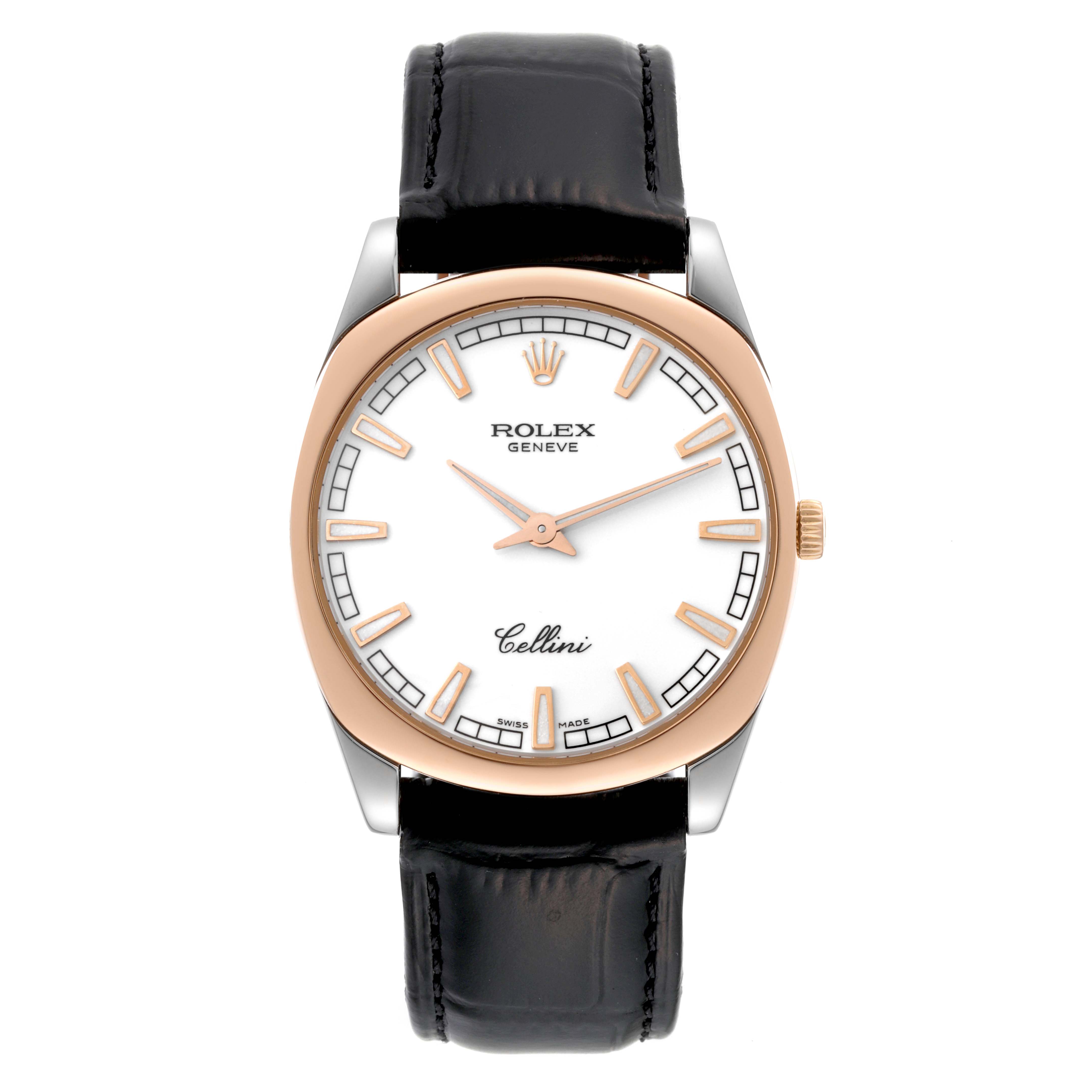 This image shows a front view of a Rolex Cellini 4243 Men's White Gold White Dial 4243 Men's White Gold White Dial watch with a white dial, gold markers, and a black leather strap.
