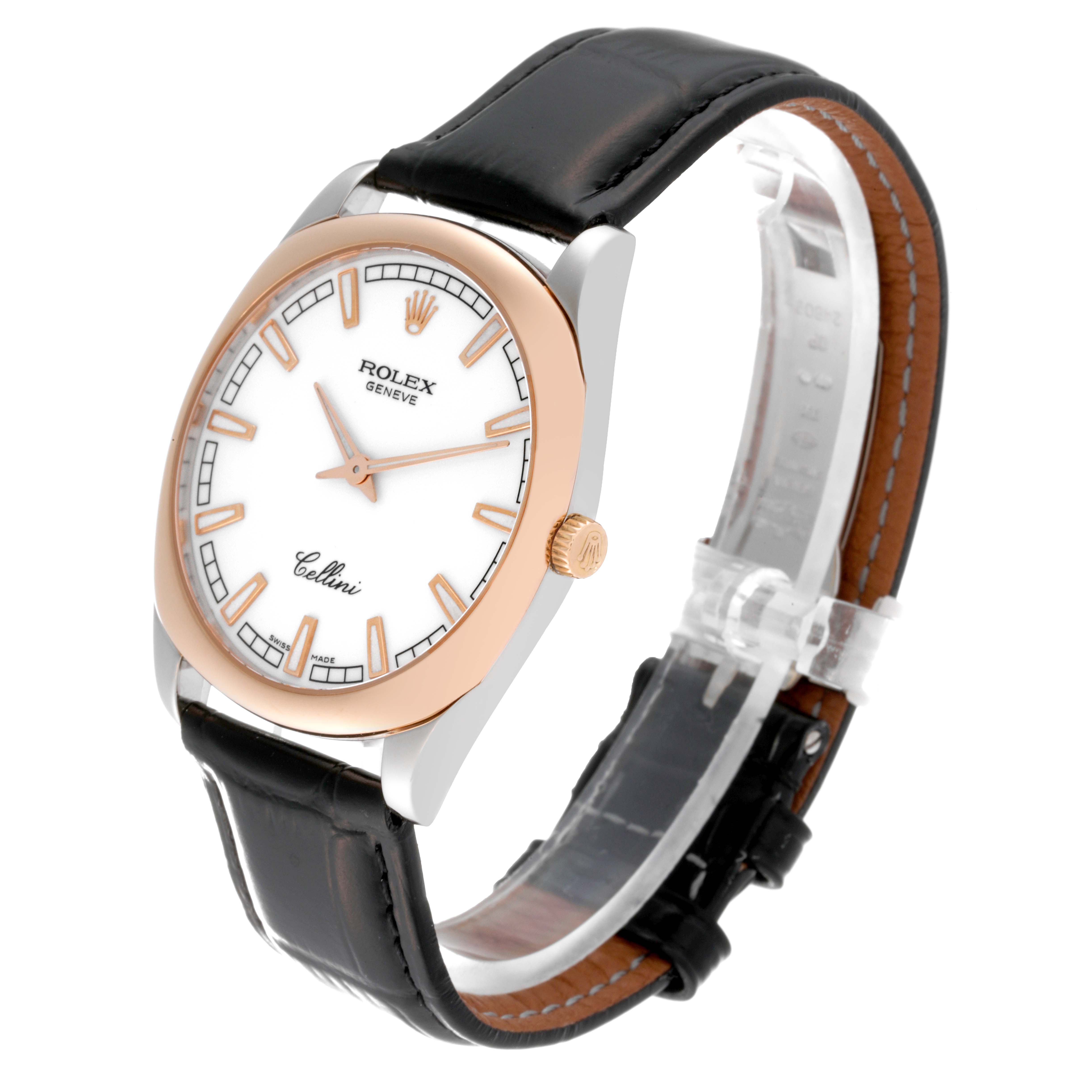 This image shows a Rolex Cellini 4243 Men's White Gold White Dial 4243 Men's White Gold White Dial watch from an angled side view, highlighting the face, dial, crown, and leather strap.