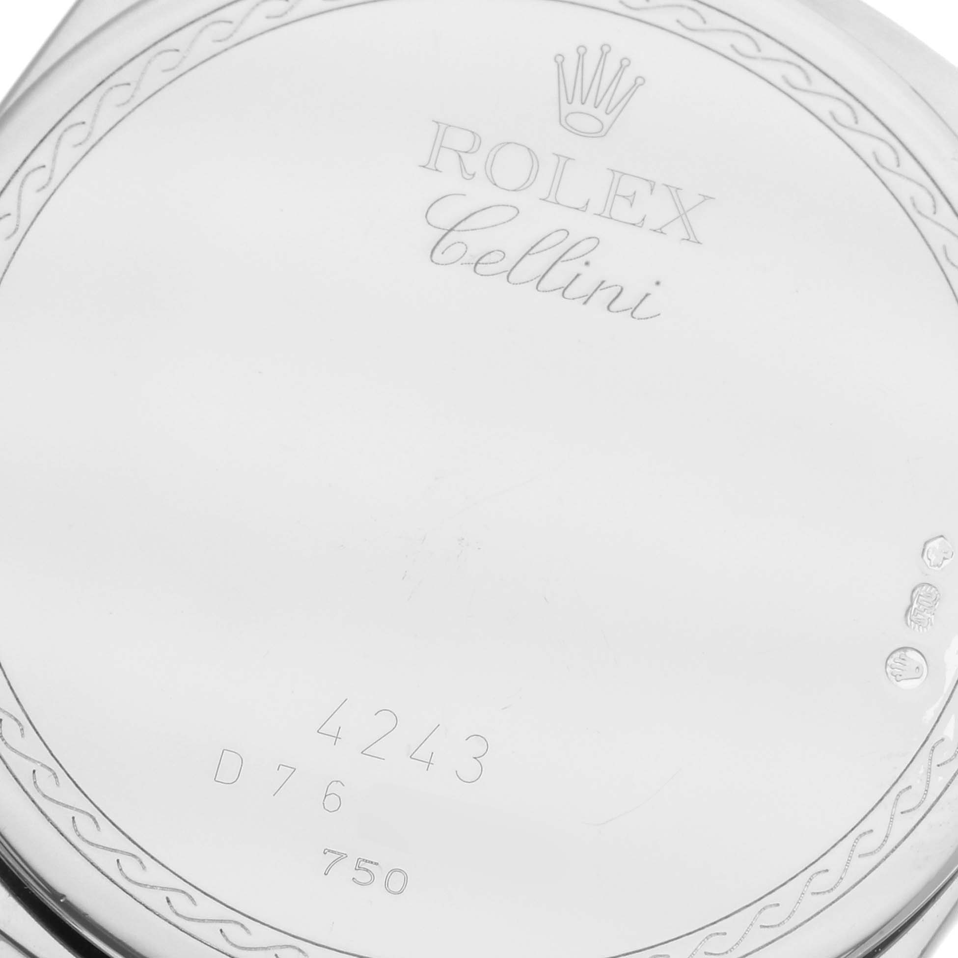This image shows the back of a Rolex Cellini 4243 Men's White Gold White Dial 4243 Men's White Gold White Dial watch, featuring engraved details including the model number 4243, and brand markings.