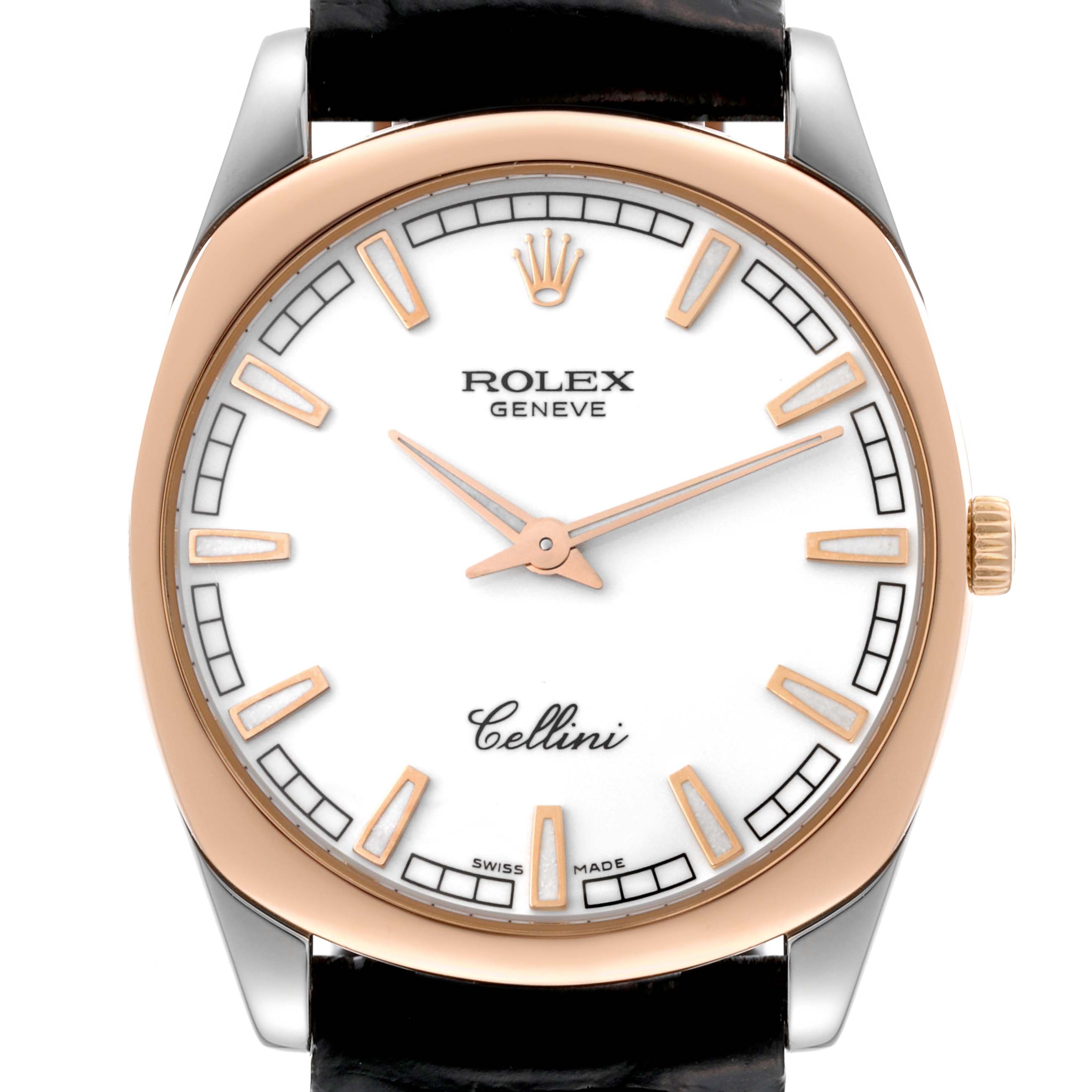 This image shows a front view of a Rolex Cellini 4243 Men's White Gold White Dial 4243 Men's White Gold White Dial watch, highlighting its face, hands, and crown.
