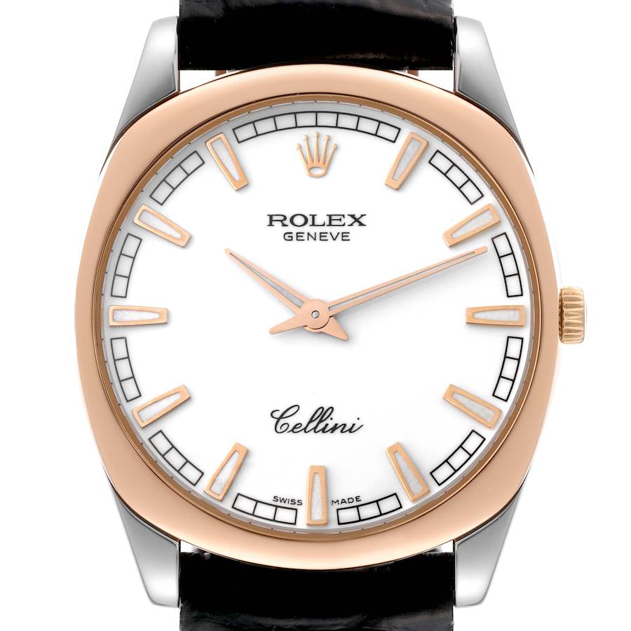 Rolex Cellini Danaos 18k White Rose Gold Black Strap Mens Watch 4243 SwissWatchExpo