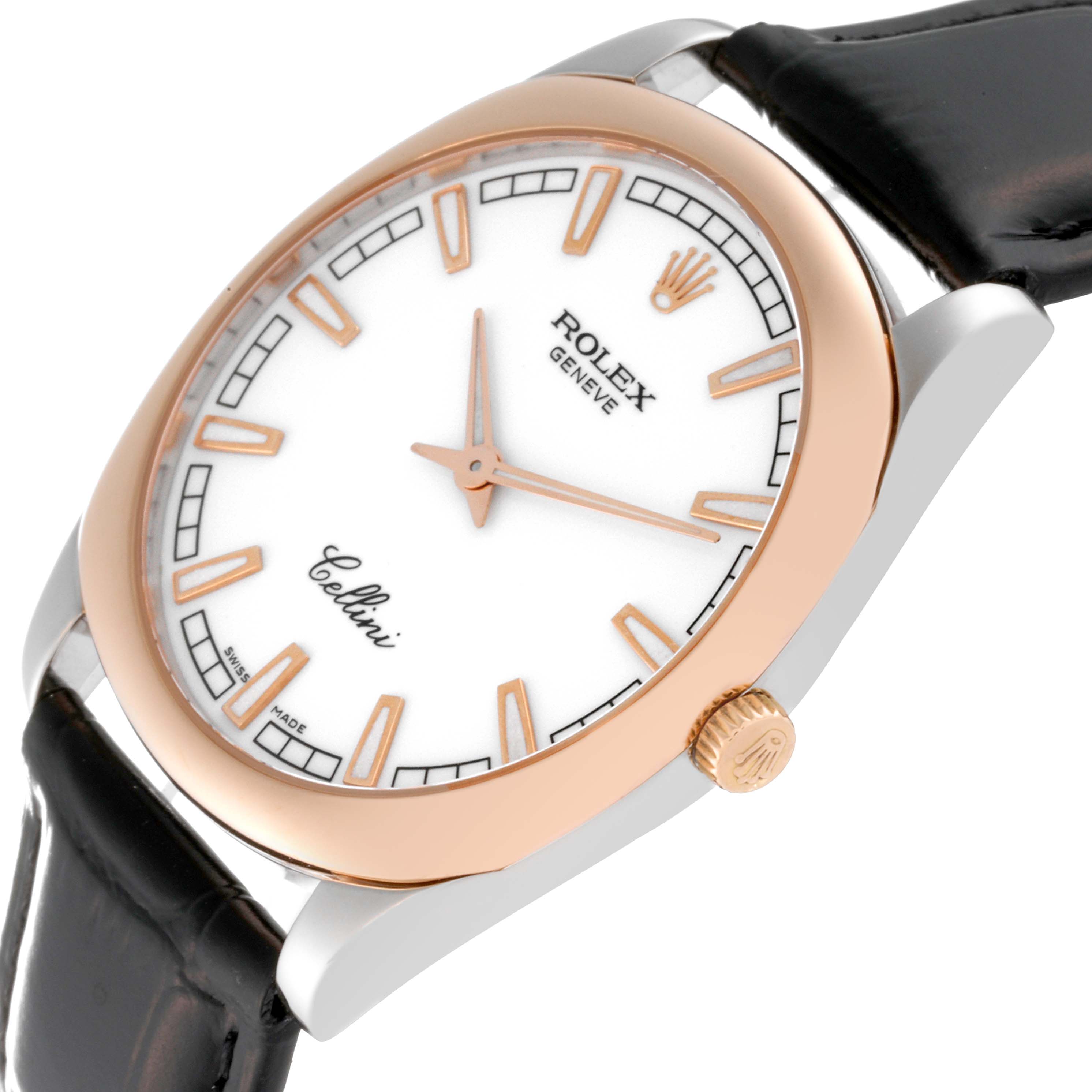 The image shows an angled view of the Rolex Cellini 4243 Men's White Gold White Dial 4243 Men's White Gold White Dial watch, highlighting the dial, crown, and leather strap.