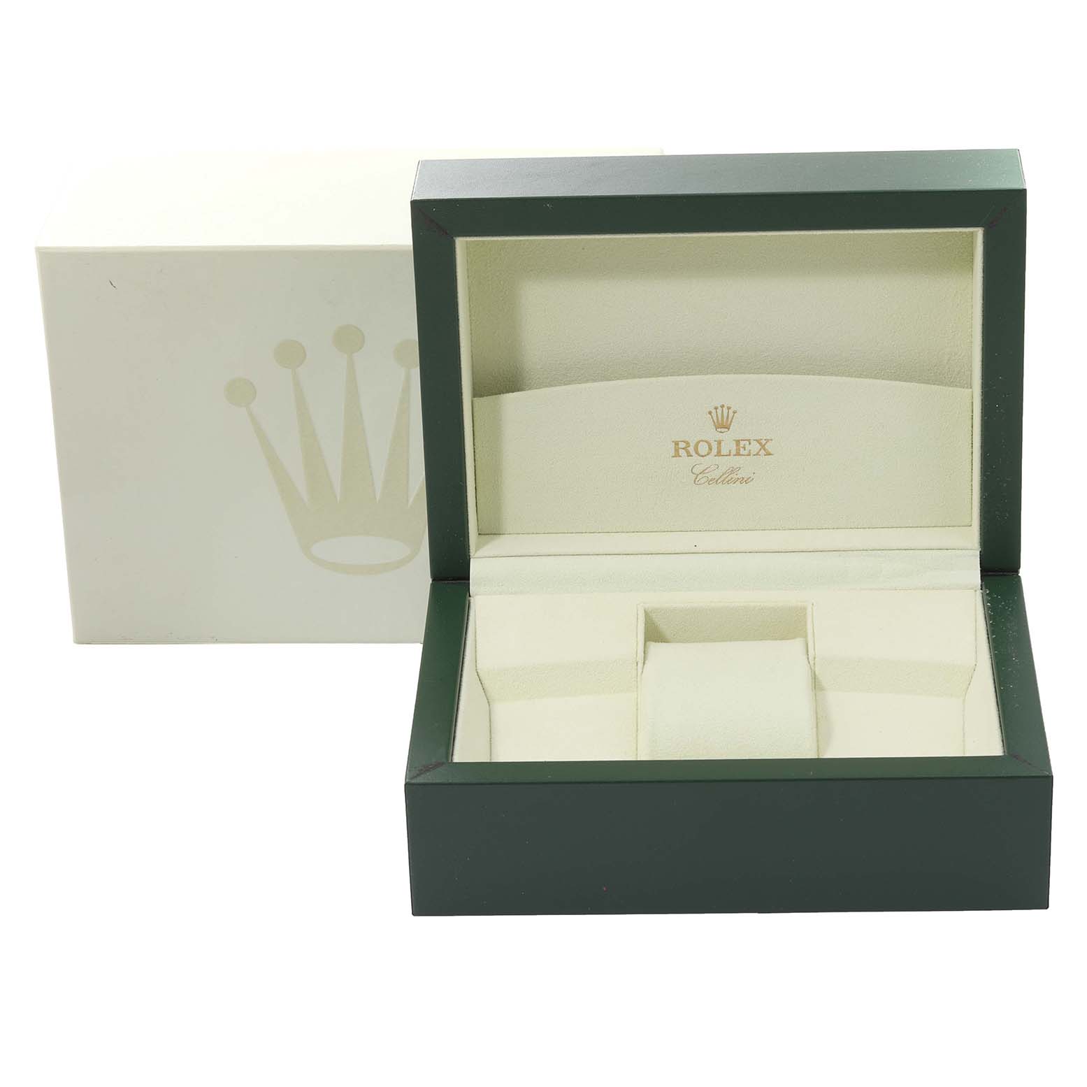 The image shows the open case and packaging for a Rolex Cellini 4243 Men's White Gold White Dial 4243 Men's White Gold White Dial watch, displaying its empty compartment.