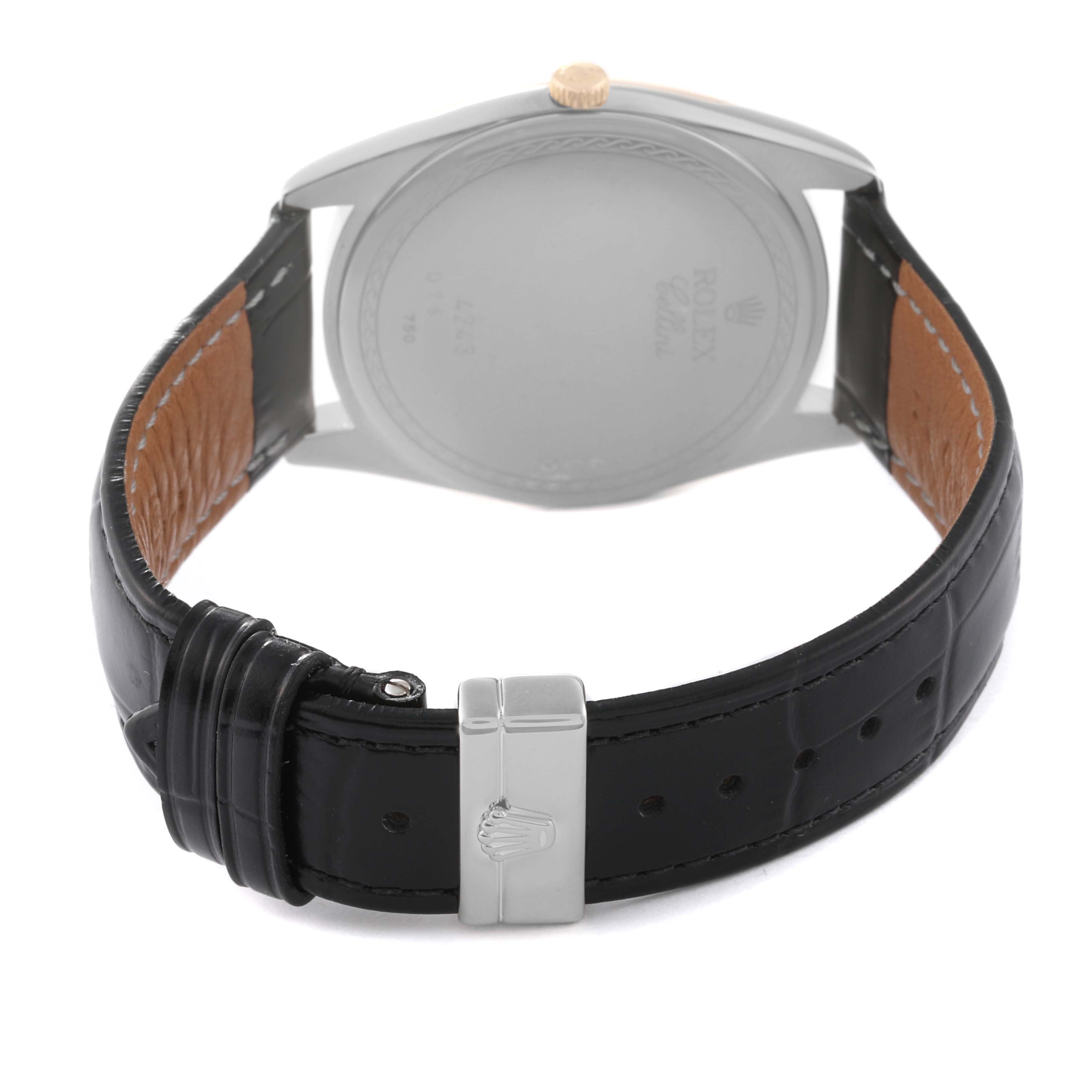 This image shows the back view of a Rolex Cellini 4243 Men's White Gold White Dial 4243 Men's White Gold White Dial watch, highlighting its black leather strap and clasp with the Rolex crown logo.
