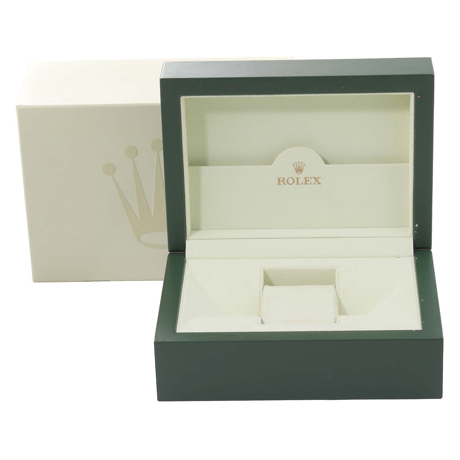This image shows the open box and outer cream case for a Rolex Cellini 5440 Men's Yellow Gold Champagne Dial 5440 Men's Yellow Gold Champagne Dial watch, highlighting the interior cushion.
