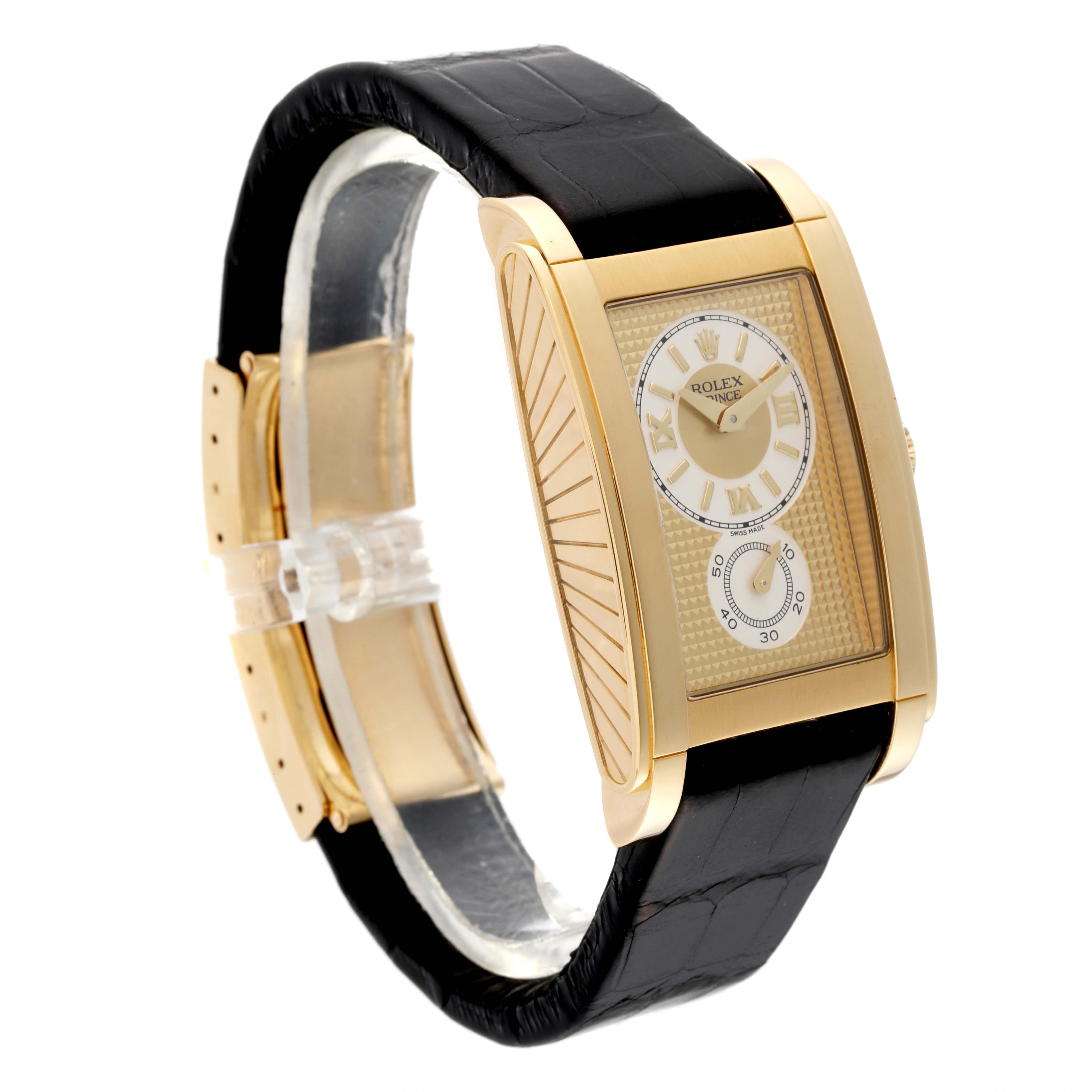 The image shows a Rolex Cellini 5440 Men's Yellow Gold Champagne Dial 5440 Men's Yellow Gold Champagne Dial watch from a side angle, highlighting its gold case, dial, and black leather strap.