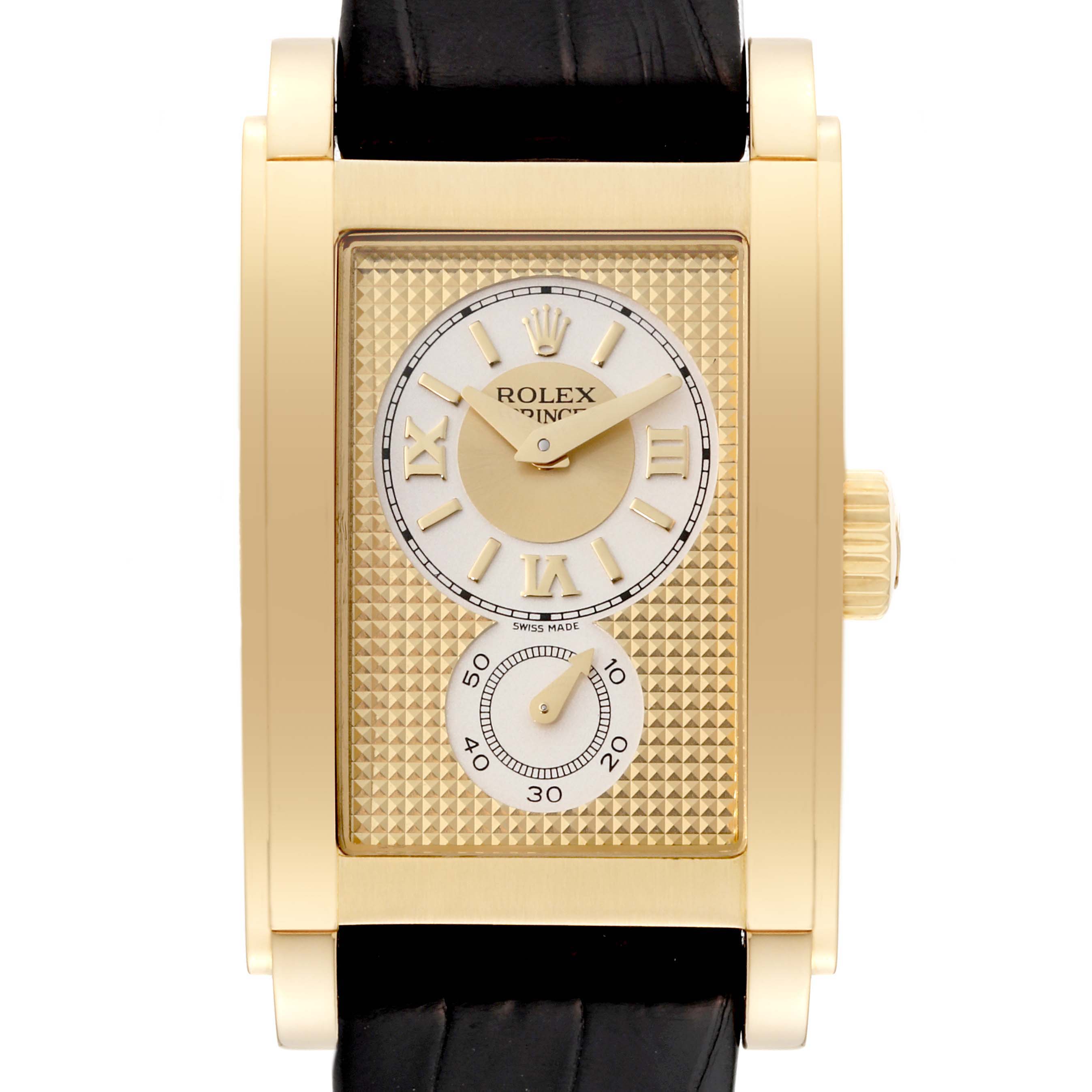 The image shows a front view of a Rolex Cellini 5440 Men's Yellow Gold Champagne Dial 5440 Men's Yellow Gold Champagne Dial model watch with a rectangular gold case, black leather strap, and Roman numeral dial.