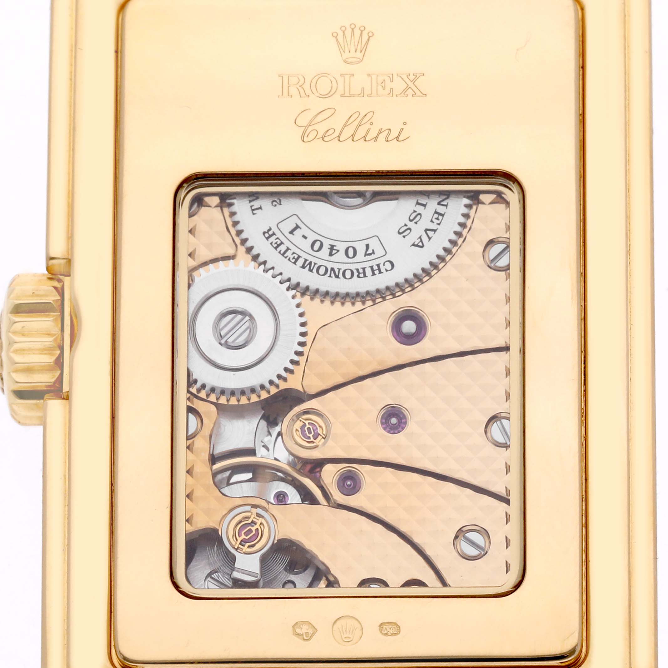 This image shows the back view of the Rolex Cellini 5440 Men's Yellow Gold Champagne Dial 5440 Men's Yellow Gold Champagne Dial watch, highlighting its intricate movement mechanism.