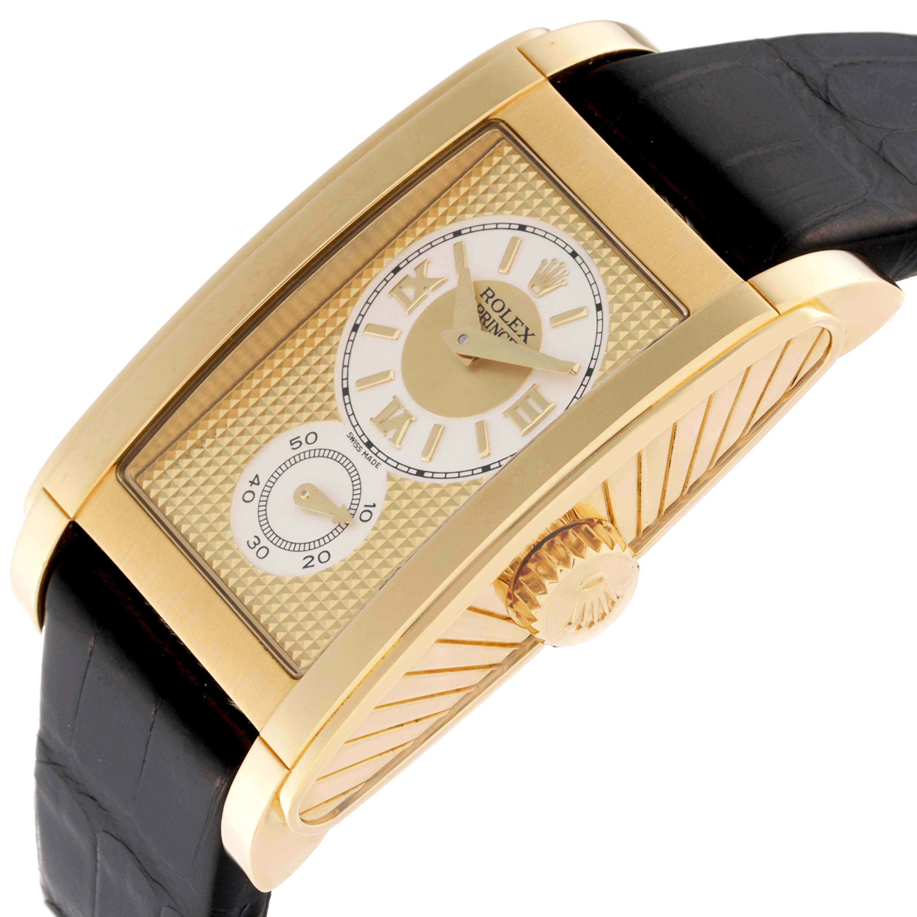 This image shows a close-up angled view of the Rolex Cellini 5440 Men's Yellow Gold Champagne Dial 5440 Men's Yellow Gold Champagne Dial watch, highlighting the dial, crown, case, and leather strap.