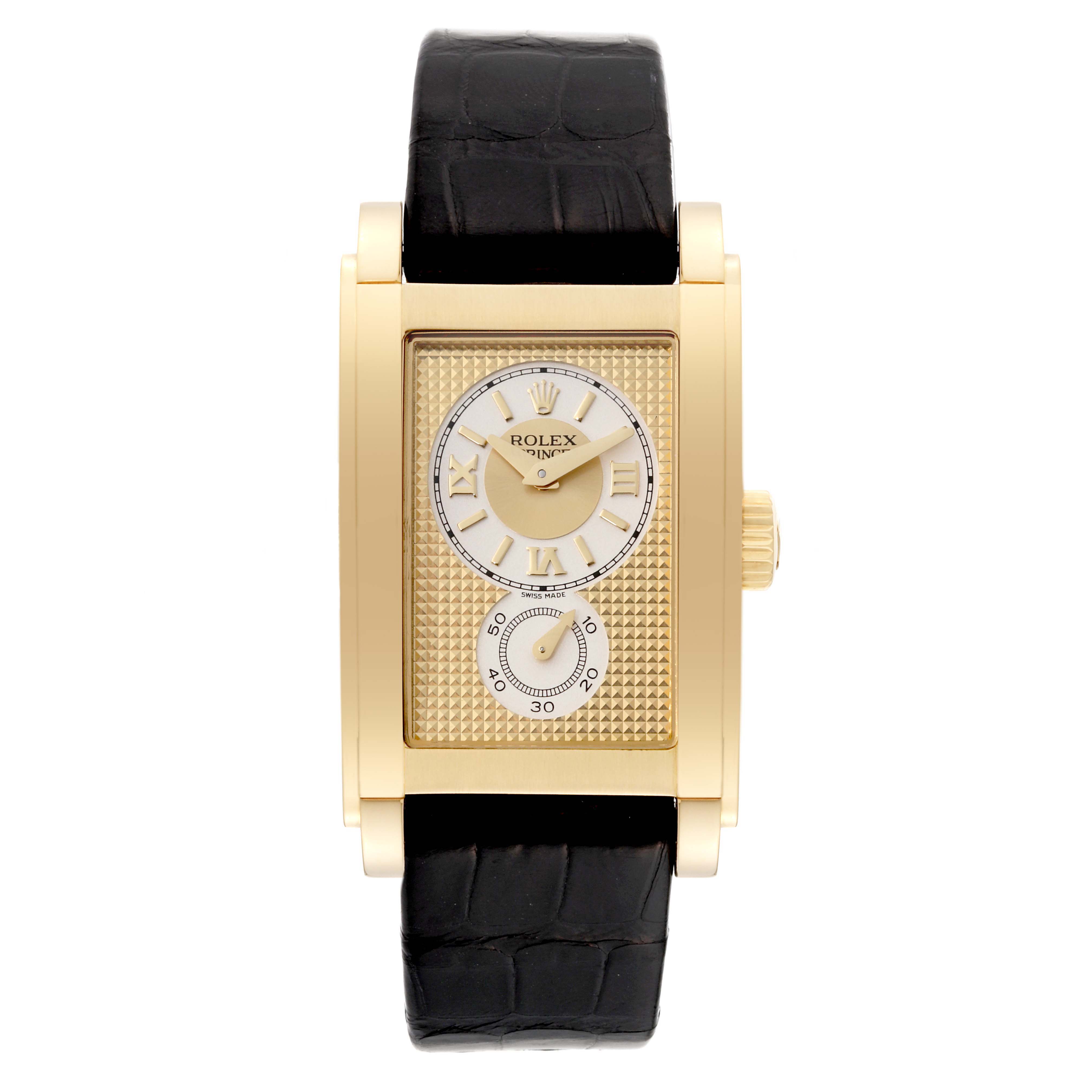 The Rolex Cellini 5440 Men's Yellow Gold Champagne Dial 5440 Men's Yellow Gold Champagne Dial watch is shown from a top view, displaying the rectangular dial, gold case, and black leather strap.