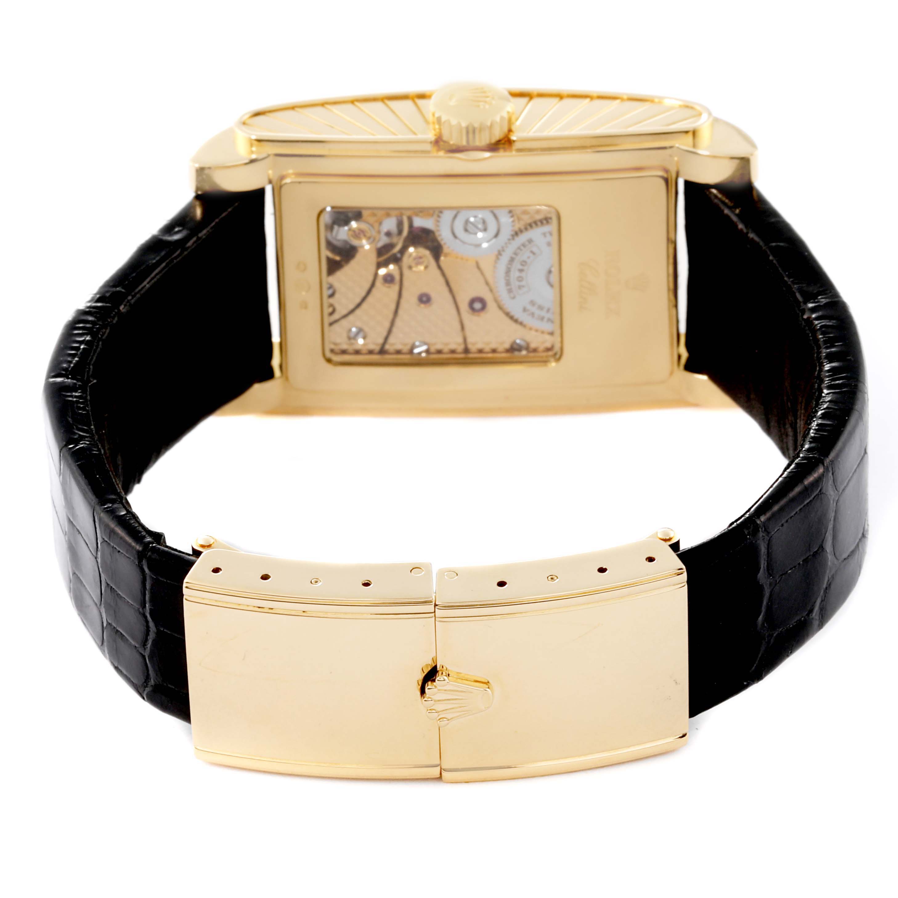 The photo shows the back of a Rolex Cellini 5440 Men's Yellow Gold Champagne Dial 5440 Men's Yellow Gold Champagne Dial watch, displaying the transparent case back and black leather strap with a gold clasp.