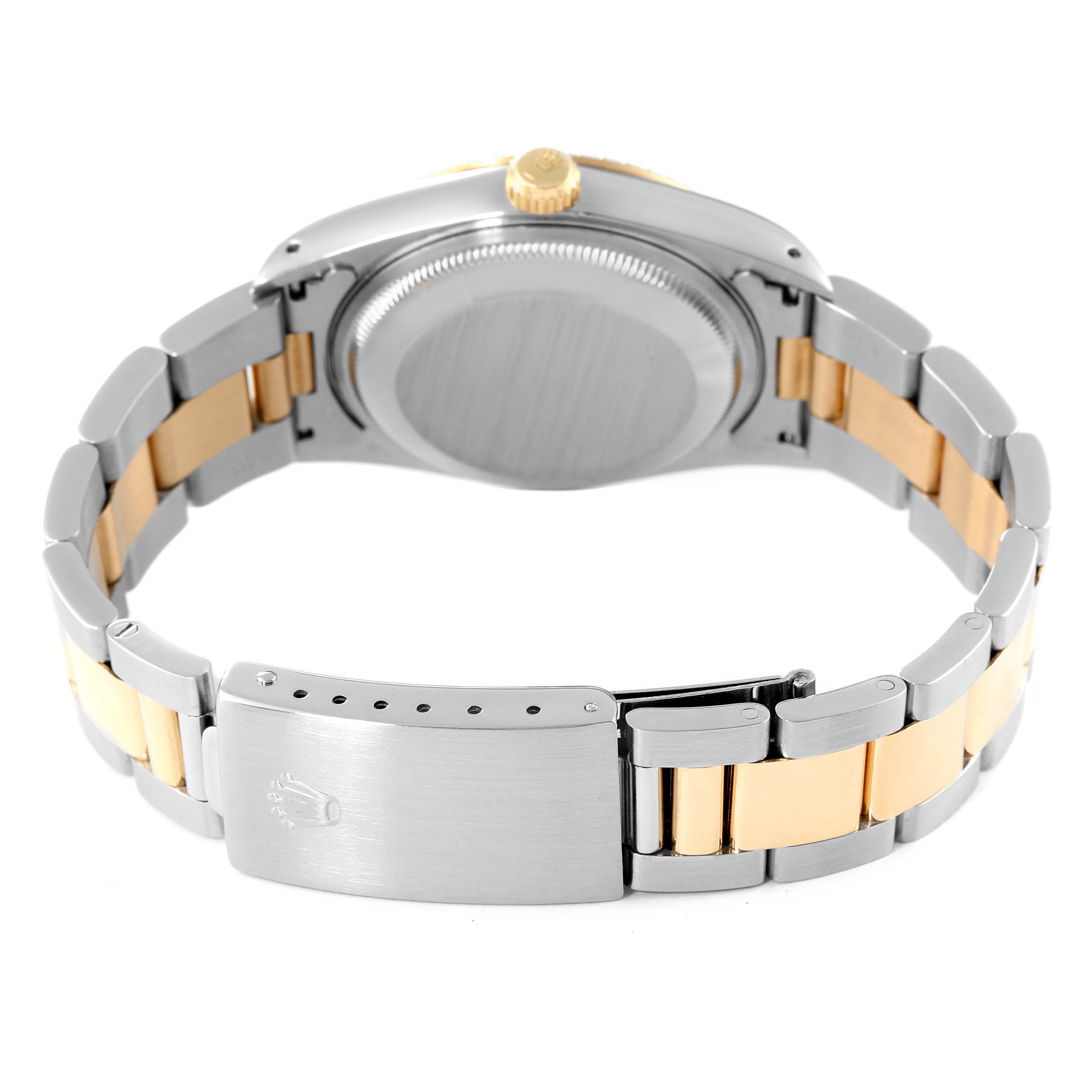 The image shows the back of the Rolex Date 15223 Men's Steel and Gold (two tone) White Dial 15223 Men's Steel and Gold (two tone) White Dial watch, highlighting the metal bracelet and clasp.