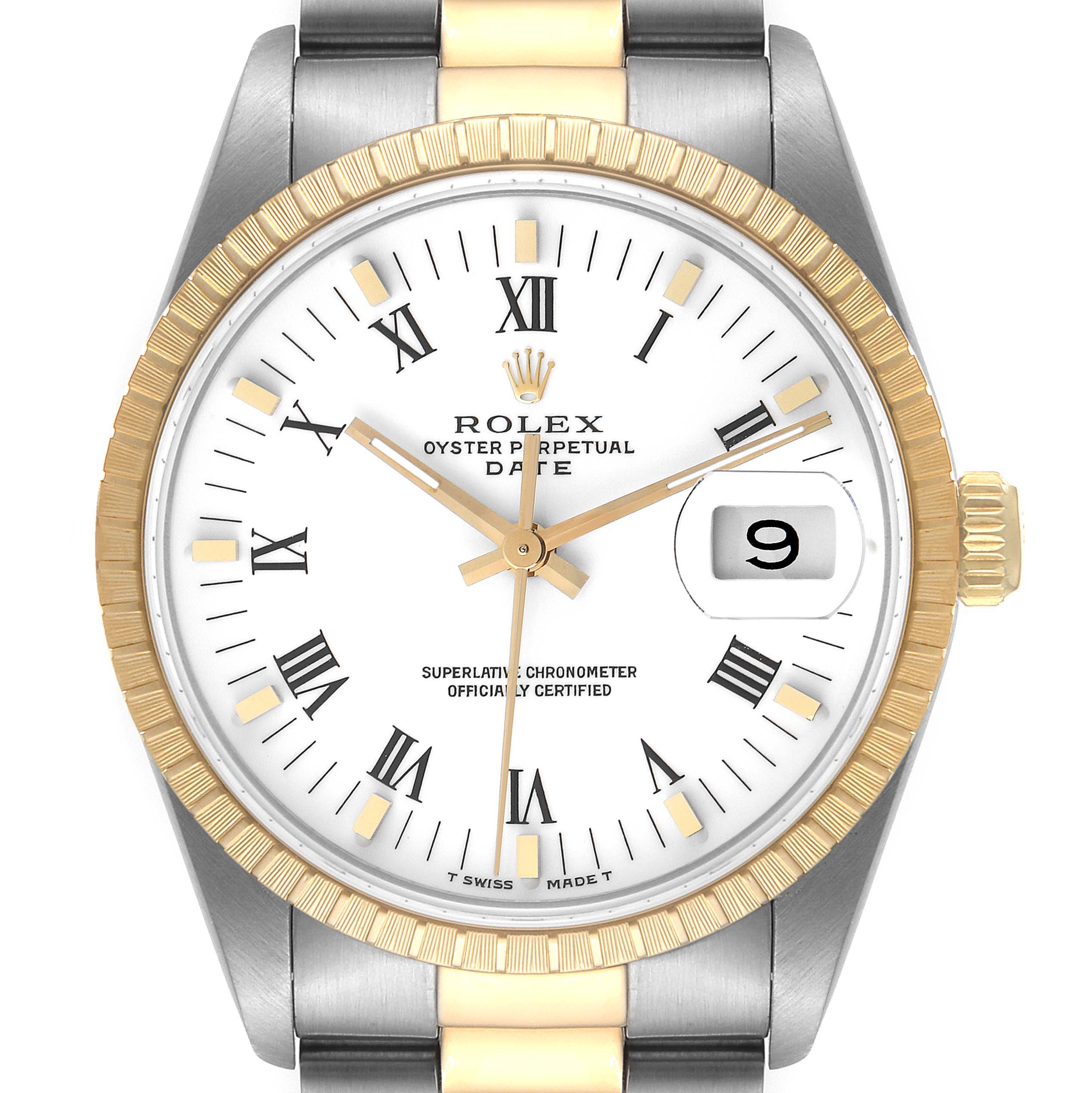 This image shows a Rolex Date 15223 Men's Steel and Gold (two tone) White Dial 15223 Men's Steel and Gold (two tone) White Dial model watch from the front, displaying the dial, hands, bezel, crown, and part of the bracelet.