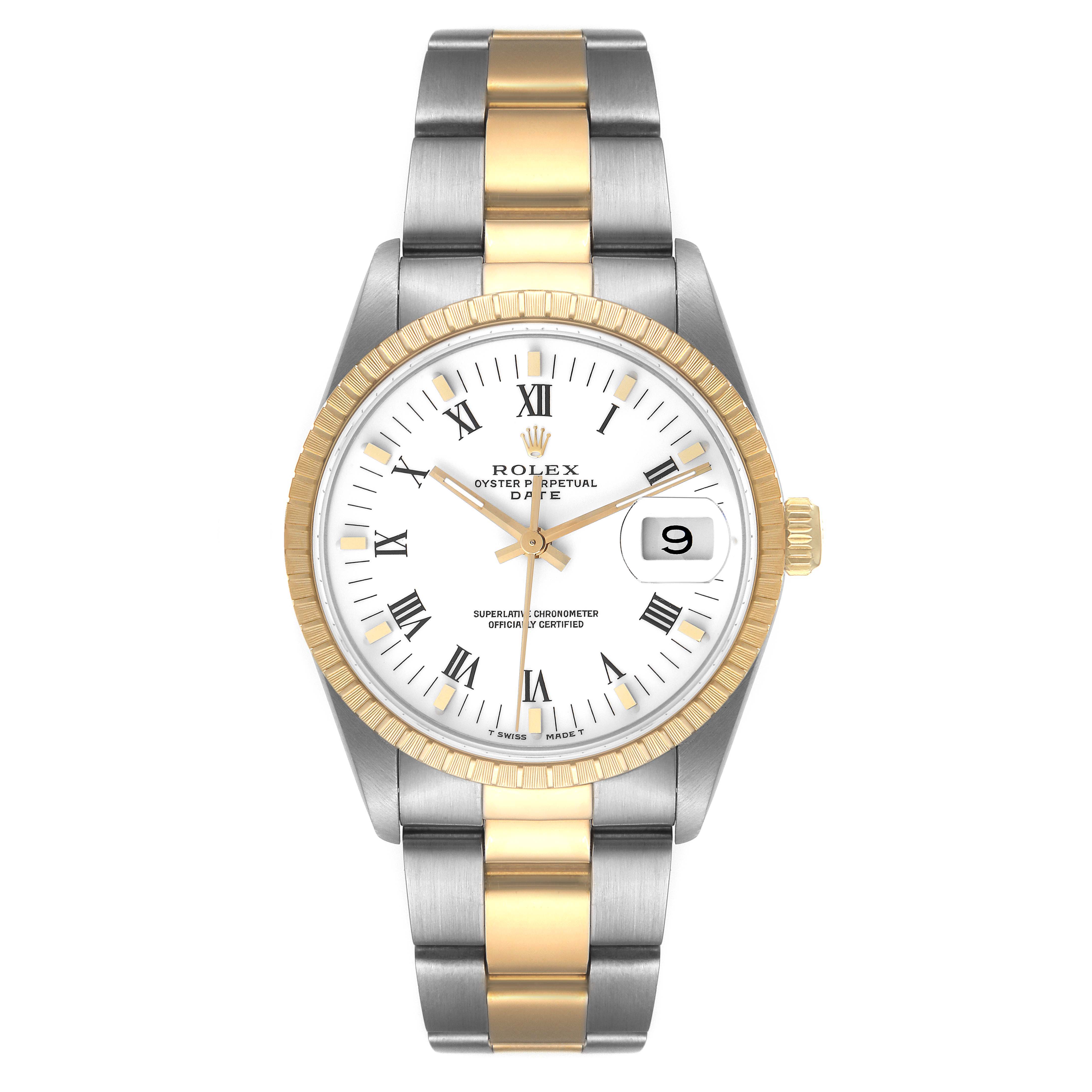 The image shows a front view of the Rolex Date 15223 Men's Steel and Gold (two tone) White Dial 15223 Men's Steel and Gold (two tone) White Dial model watch, featuring a gold and silver bracelet, white dial, and date display.