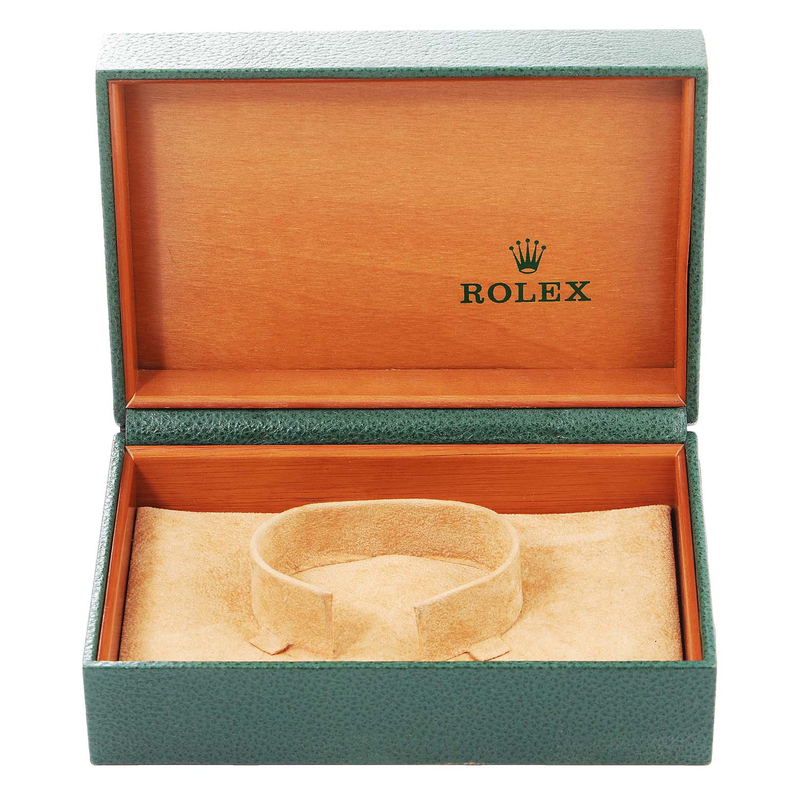 This image shows an open green Rolex watch box for the Date model, displaying its interior lining and holder.