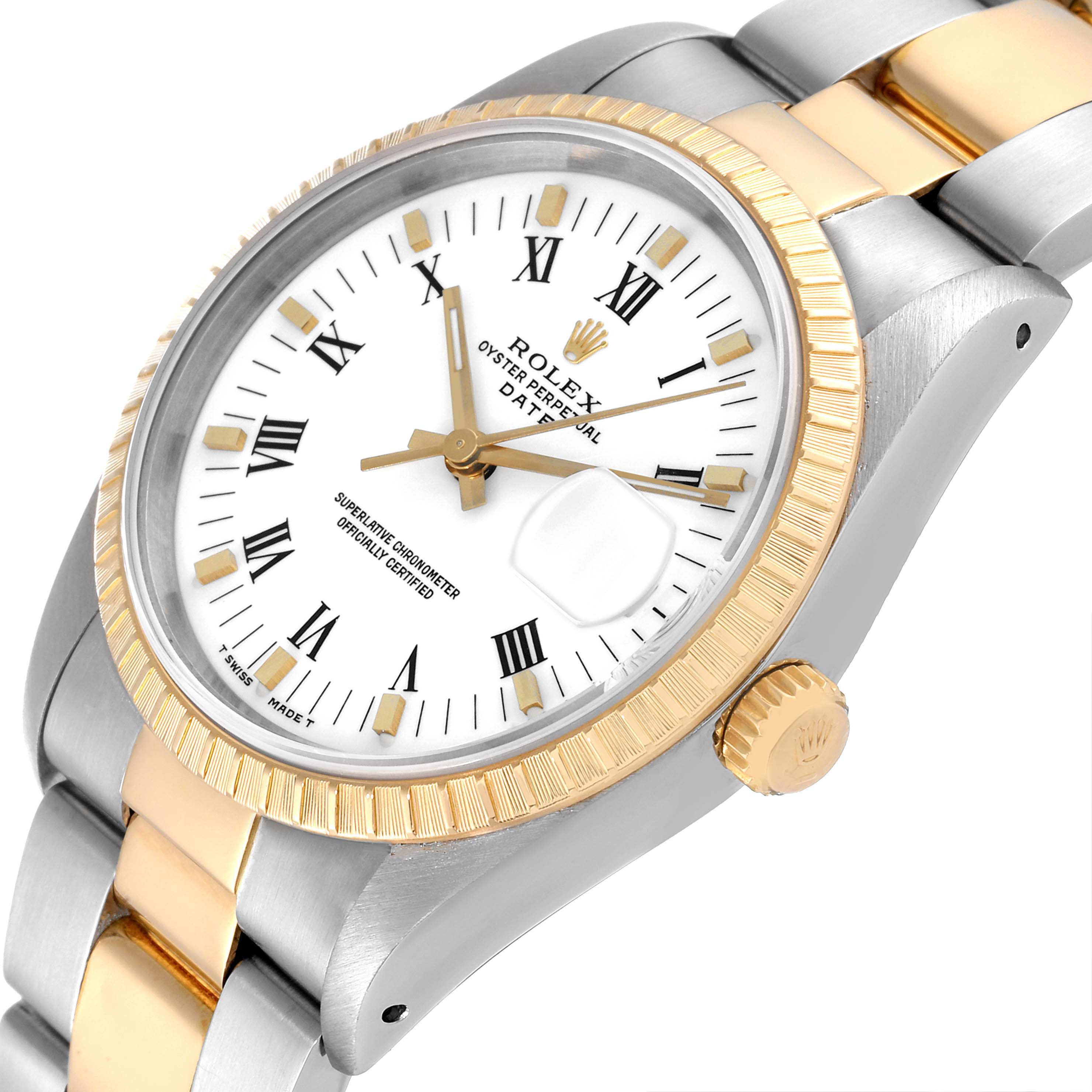The image shows a close-up angled view of a Rolex Date 15223 Men's Steel and Gold (two tone) White Dial 15223 Men's Steel and Gold (two tone) White Dial model watch, highlighting the dial, bezel, and bracelet.