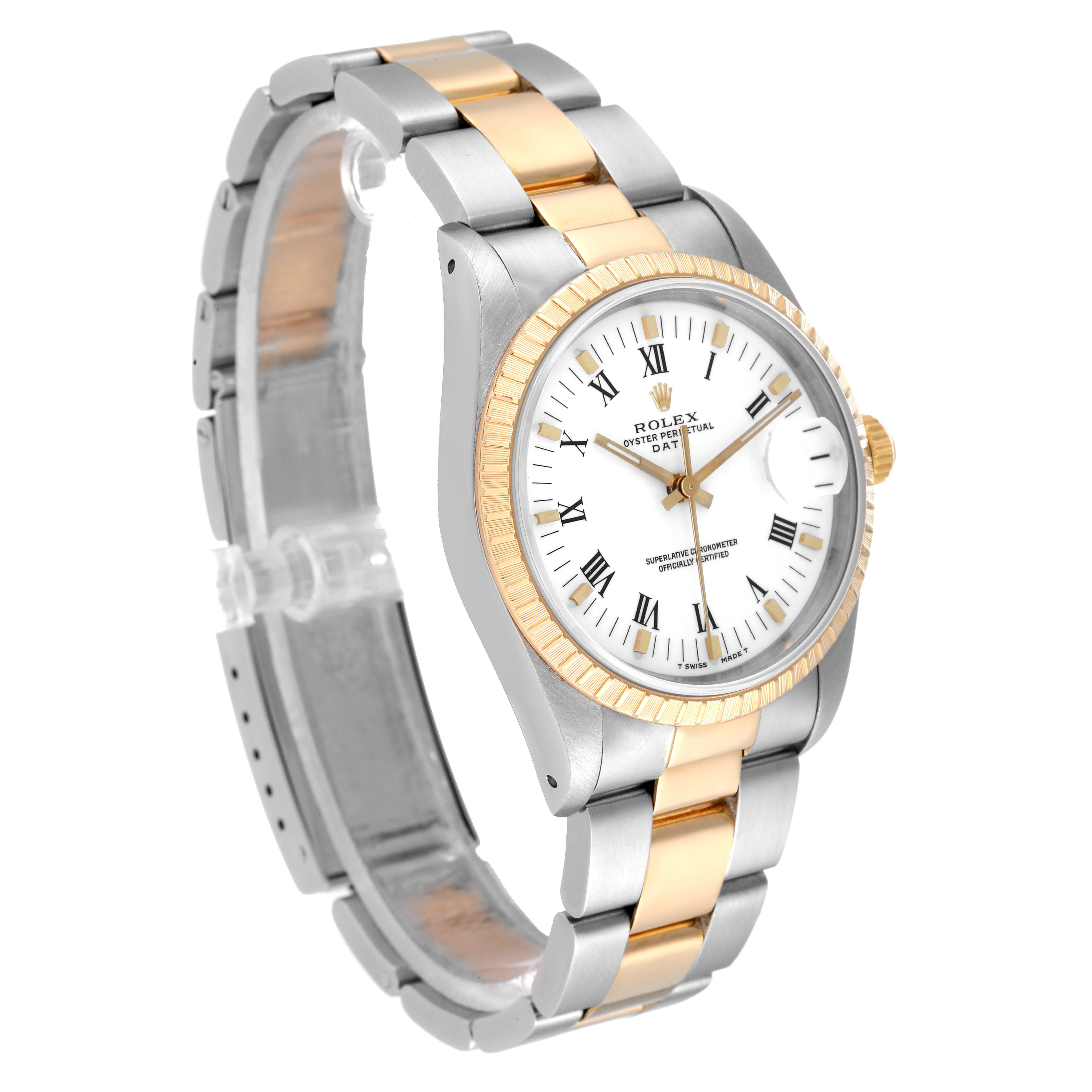 This Rolex Date 15223 Men's Steel and Gold (two tone) White Dial 15223 Men's Steel and Gold (two tone) White Dial model watch is shown at a slight angle displaying its face, bezel, and two-tone bracelet.