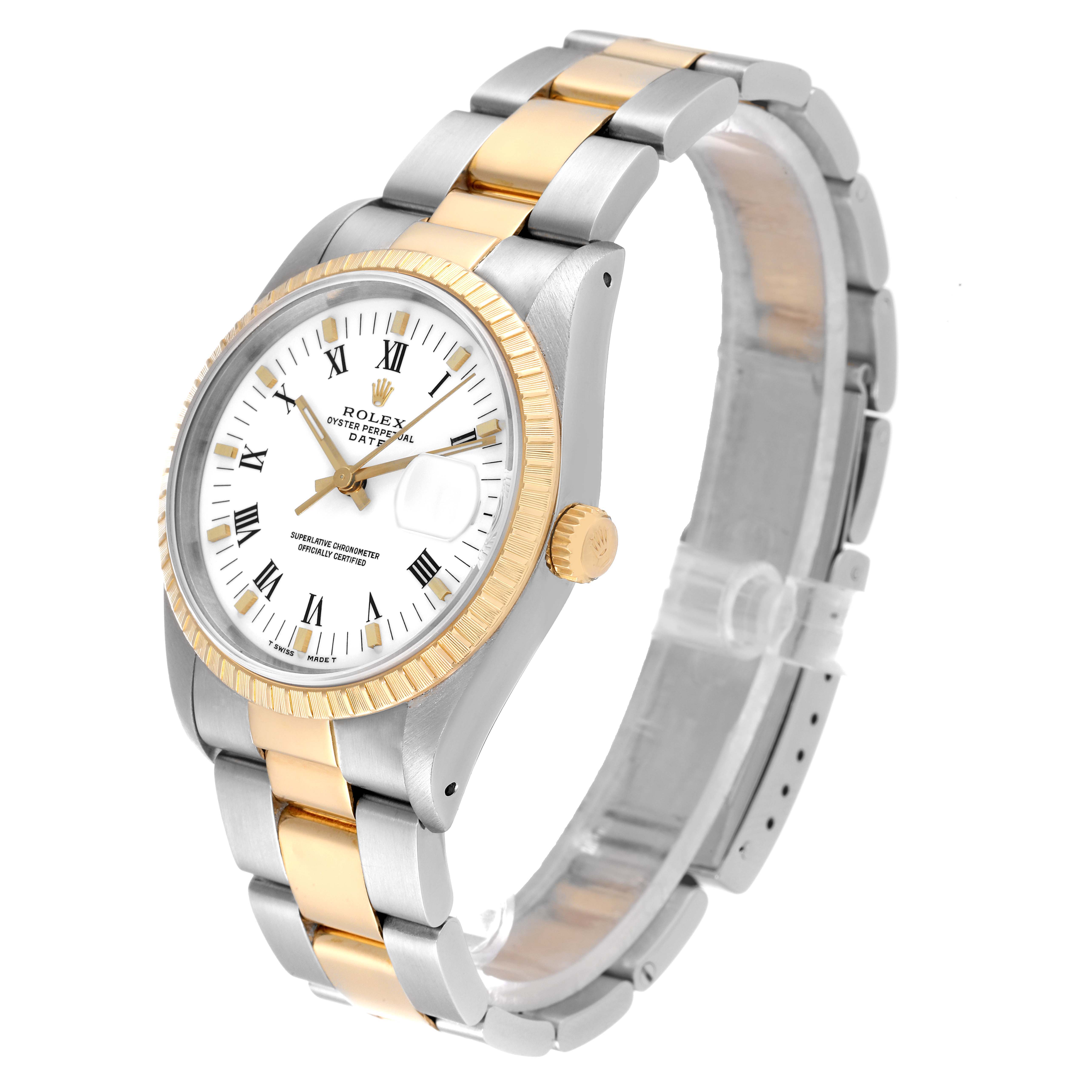 The Rolex Date 15223 Men's Steel and Gold (two tone) White Dial 15223 Men's Steel and Gold (two tone) White Dial model watch is shown at an angle displaying the face, bezel, crown, and bracelet.