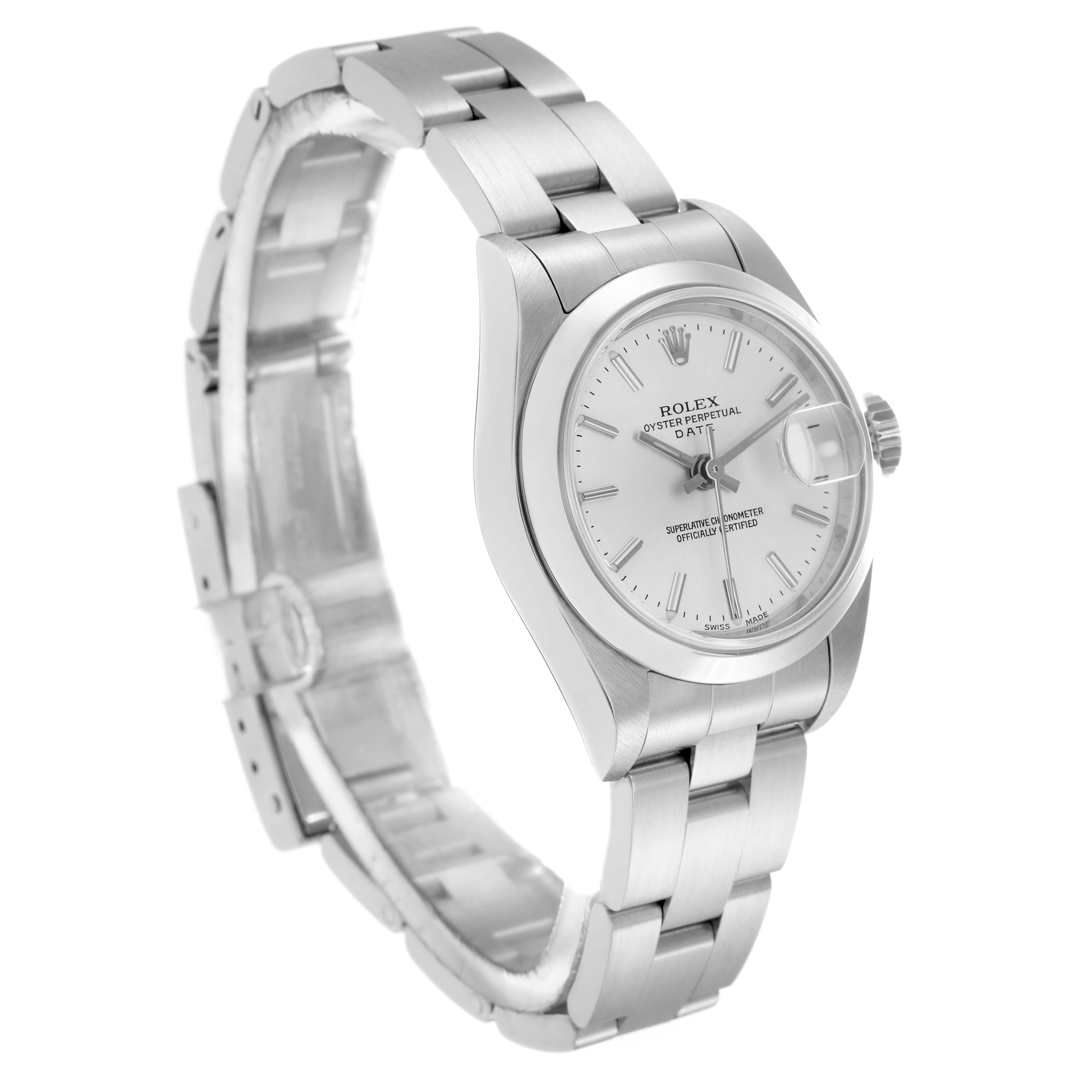 The Rolex Date 79160 Women
s Stainless Steel Silver Dial 79160 Women
s Stainless Steel Silver Dial watch is shown at a three-quarter angle, displaying the bracelet, case, crown, and dial.