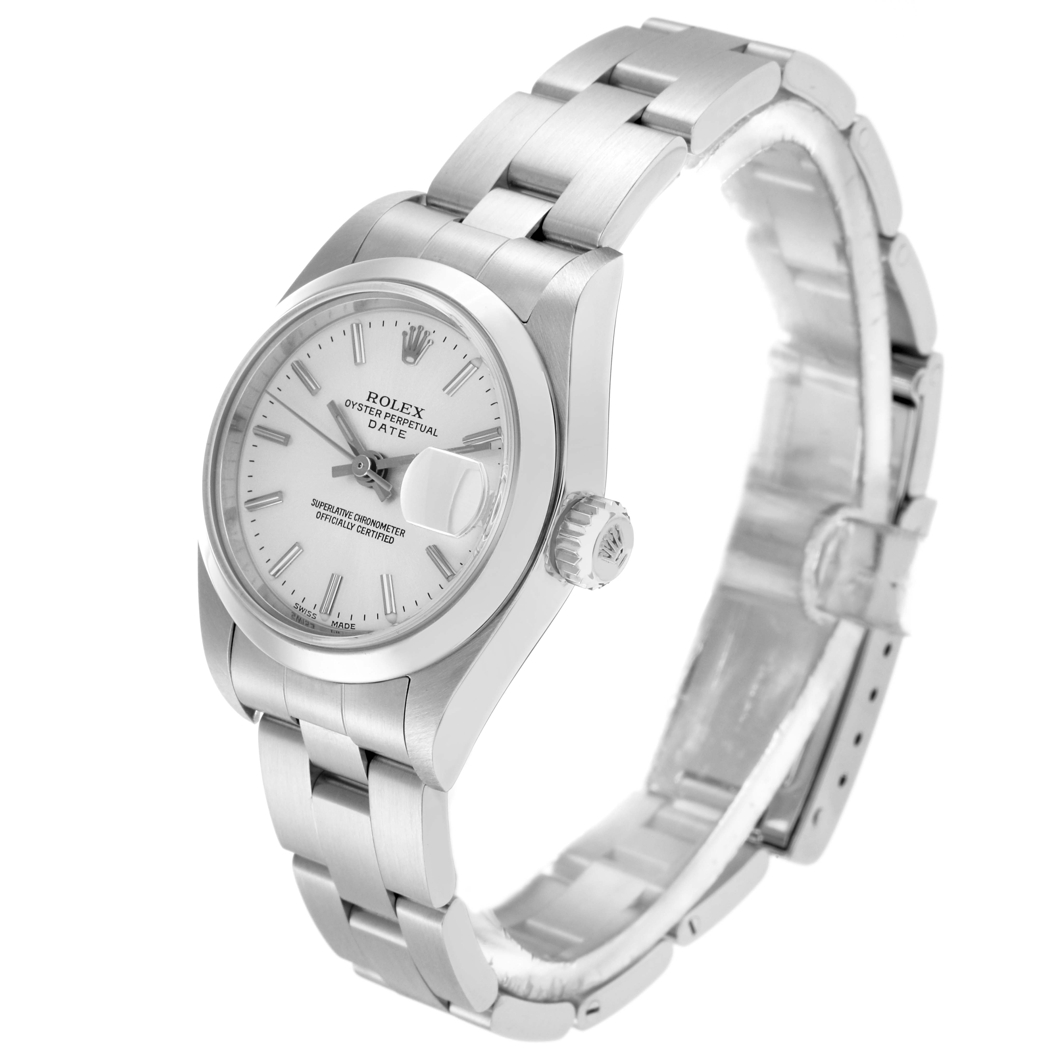 The Rolex Date 79160 Women
s Stainless Steel Silver Dial 79160 Women
s Stainless Steel Silver Dial watch is shown at a three-quarter angle, highlighting the dial, crown, case, and bracelet.