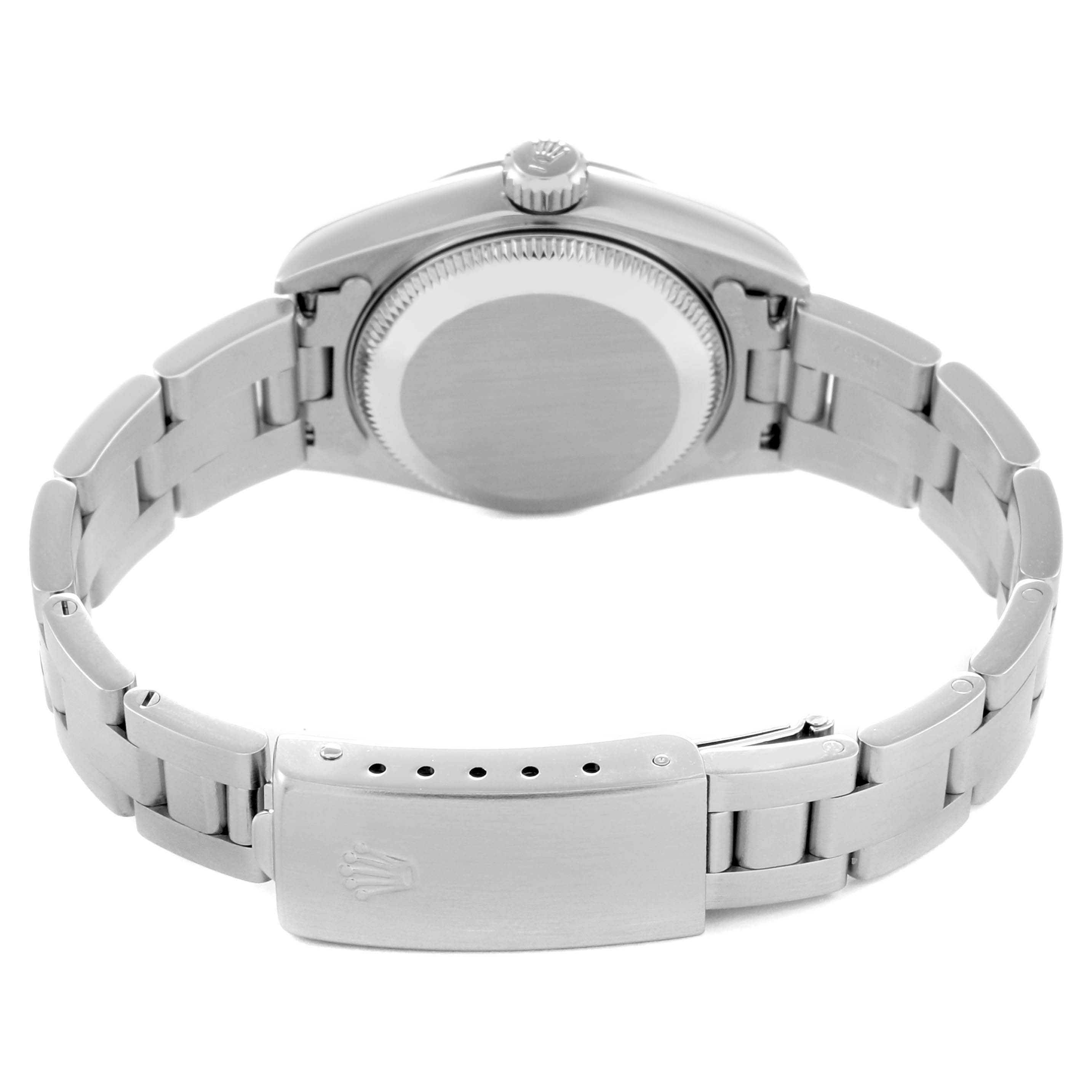 The image shows the back and bracelet of a Rolex Date 79160 Women
s Stainless Steel Silver Dial 79160 Women
s Stainless Steel Silver Dial model, displaying the clasp and crown from a rear angle.