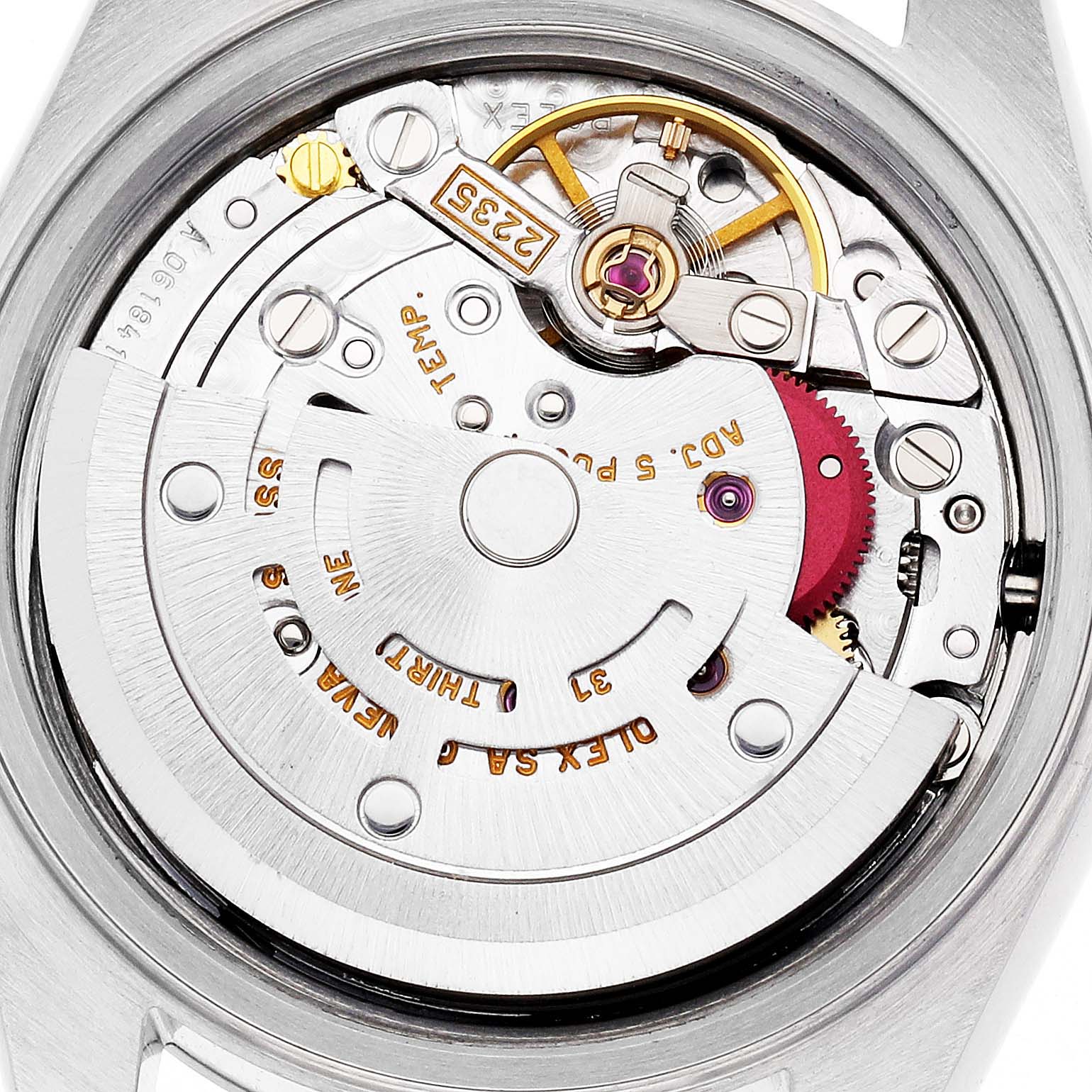 This image shows the movement mechanism of a Rolex Date 79160 Women
s Stainless Steel Silver Dial 79160 Women
s Stainless Steel Silver Dial model from a top view, highlighting its intricate components.