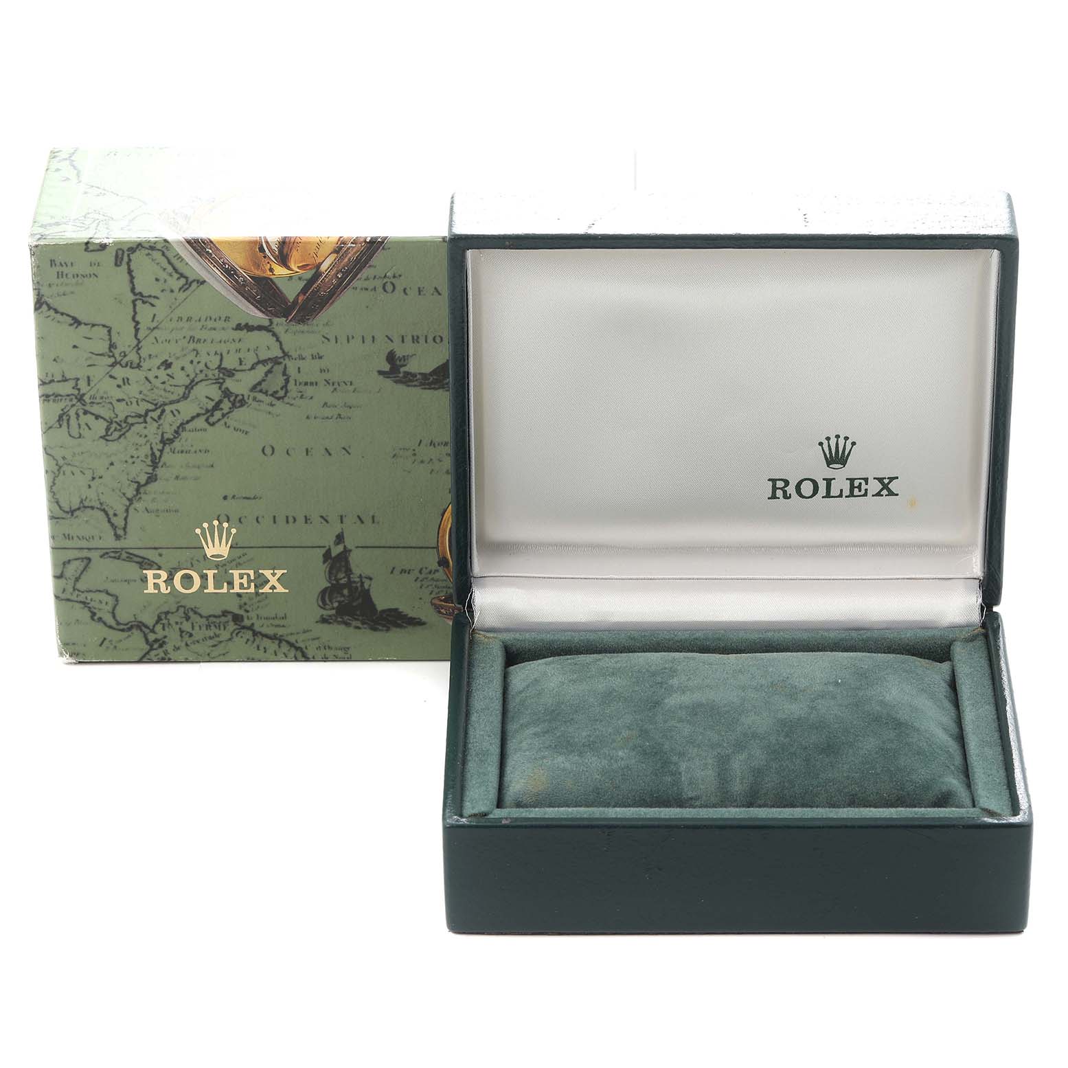 The image shows an open Rolex Date 79160 Women
s Stainless Steel Silver Dial 79160 Women
s Stainless Steel Silver Dial model watch box with a green cushion inside, viewed from the front.