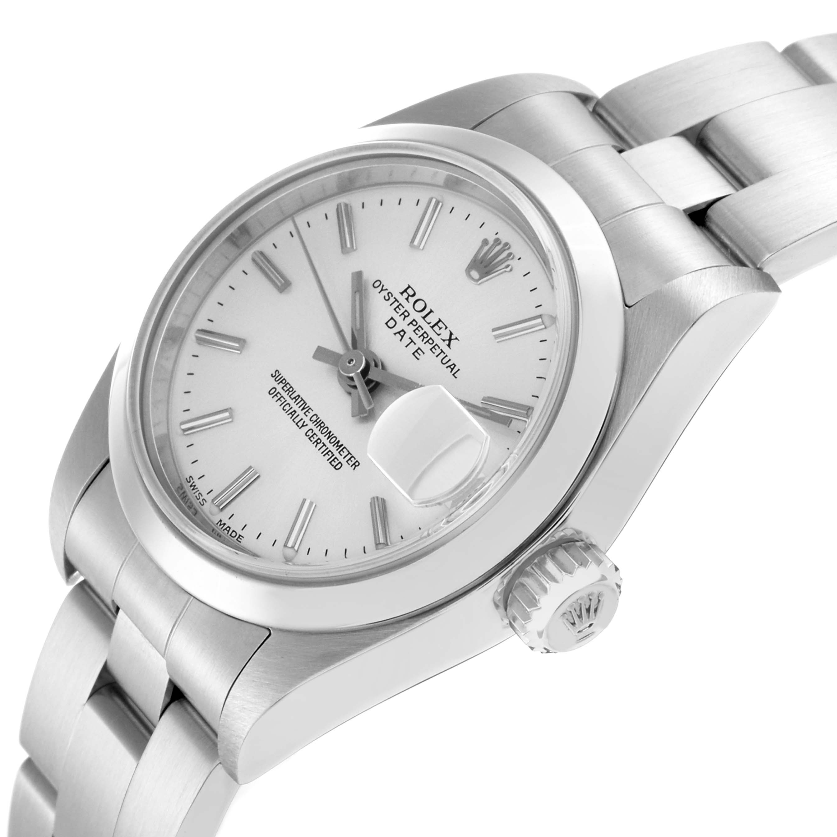 The image shows a partial side view of the Rolex Date 79160 Women
s Stainless Steel Silver Dial 79160 Women
s Stainless Steel Silver Dial watch, highlighting the dial, case, crown, and bracelet.