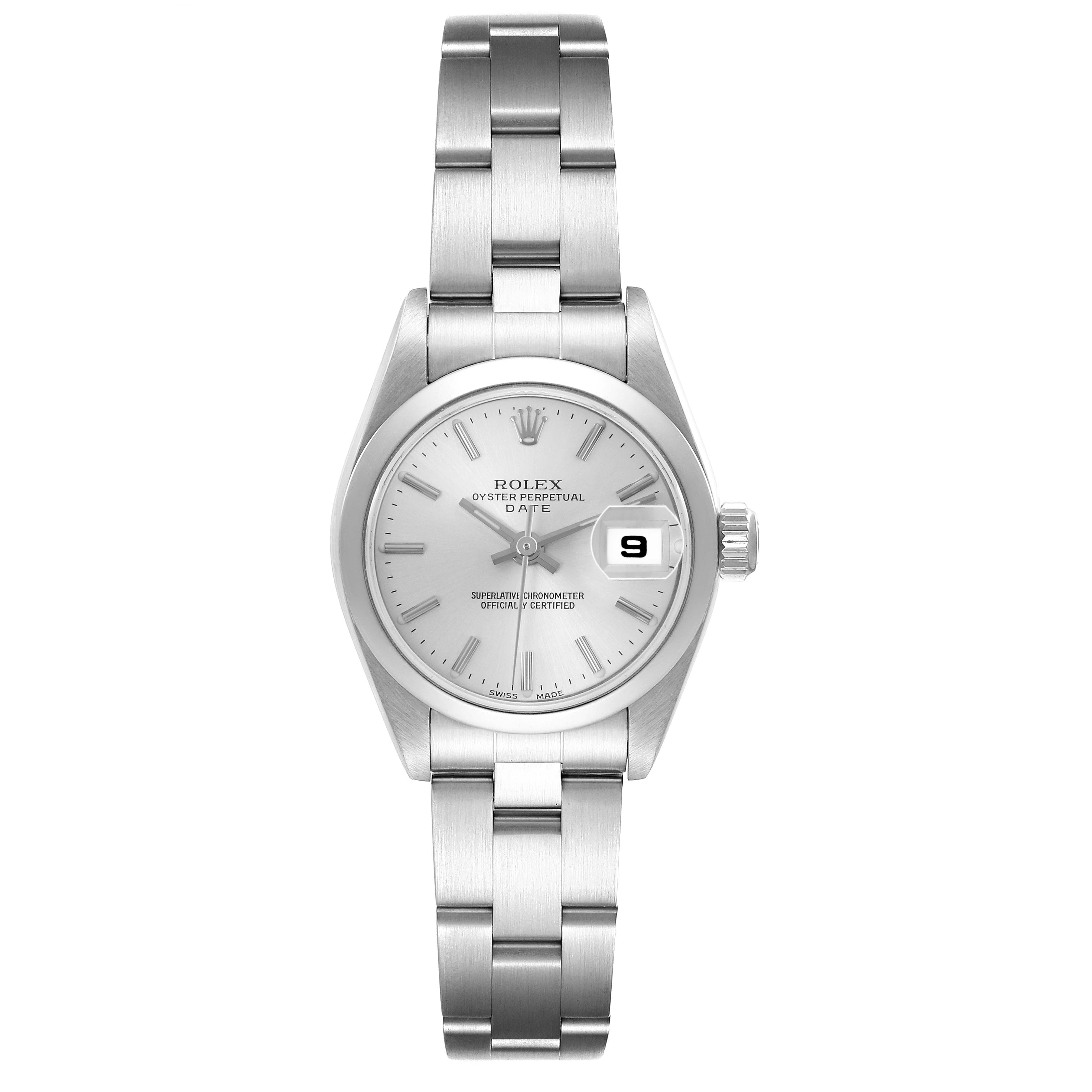 The image shows a Rolex Date 79160 Women
s Stainless Steel Silver Dial 79160 Women
s Stainless Steel Silver Dial model watch from a front angle, highlighting the dial, bracelet, bezel, and crown.
