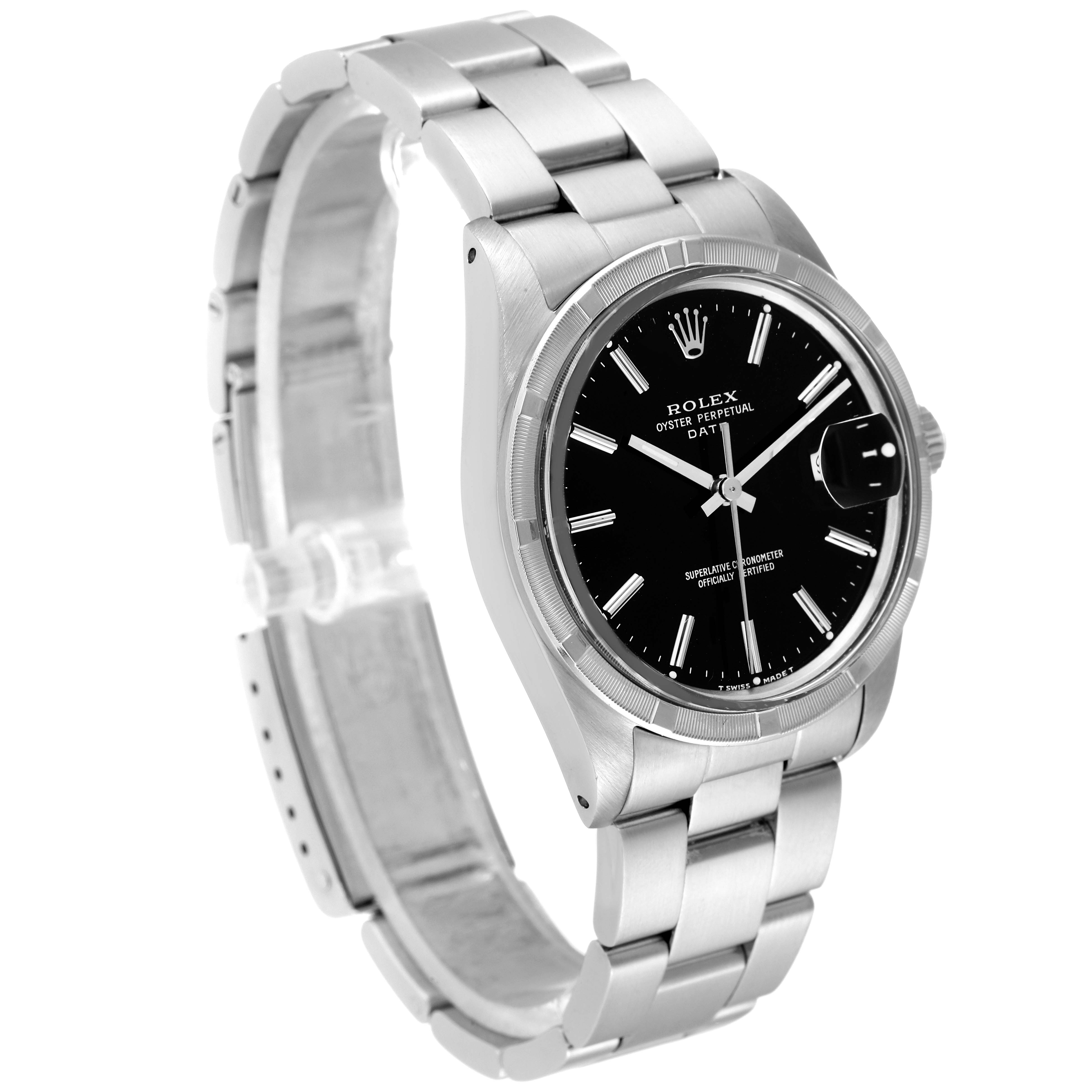 The image shows a Rolex Date 15010 Men's Stainless Steel Black Dial 15010 Men's Stainless Steel Black Dial model watch at a three-quarter angle displaying the black dial, bracelet, and part of the clasp.