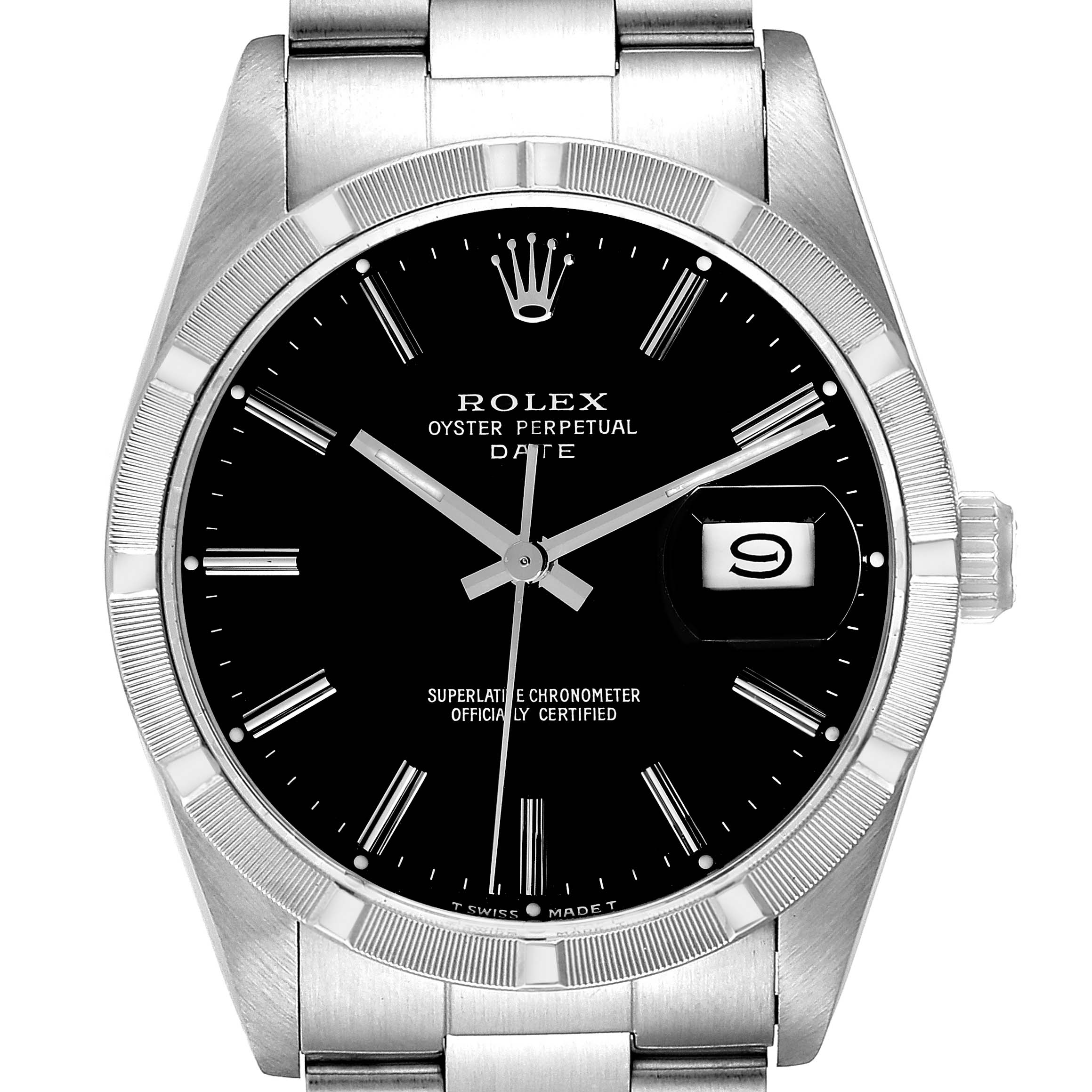 This is a front view of a Rolex Oyster Perpetual Date model showing the bezel, dial, hands, crown, and bracelet.