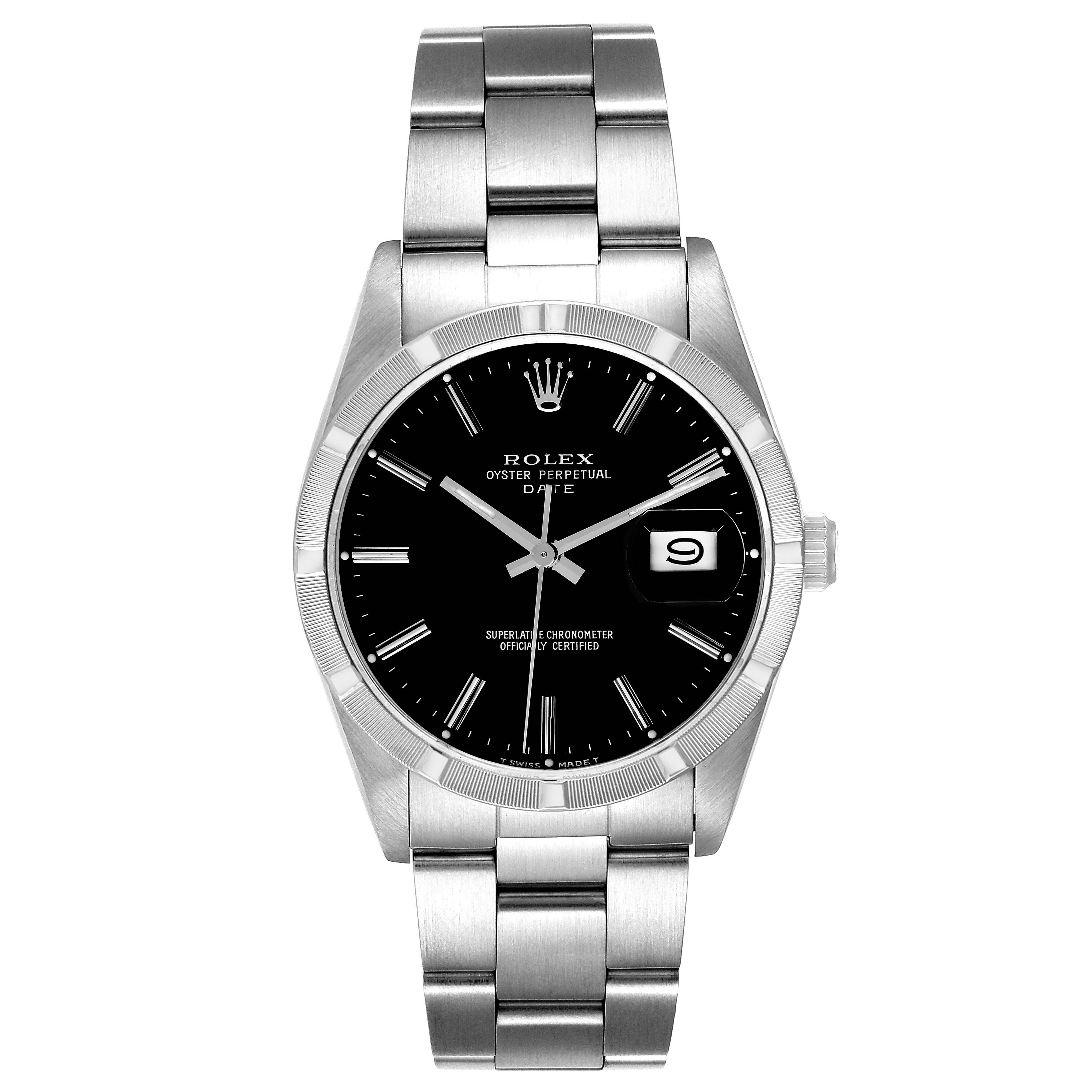 The image shows a frontal view of the Rolex Date 15010 Men's Stainless Steel Black Dial 15010 Men's Stainless Steel Black Dial model watch, displaying its dial, bracelet, and clasp.