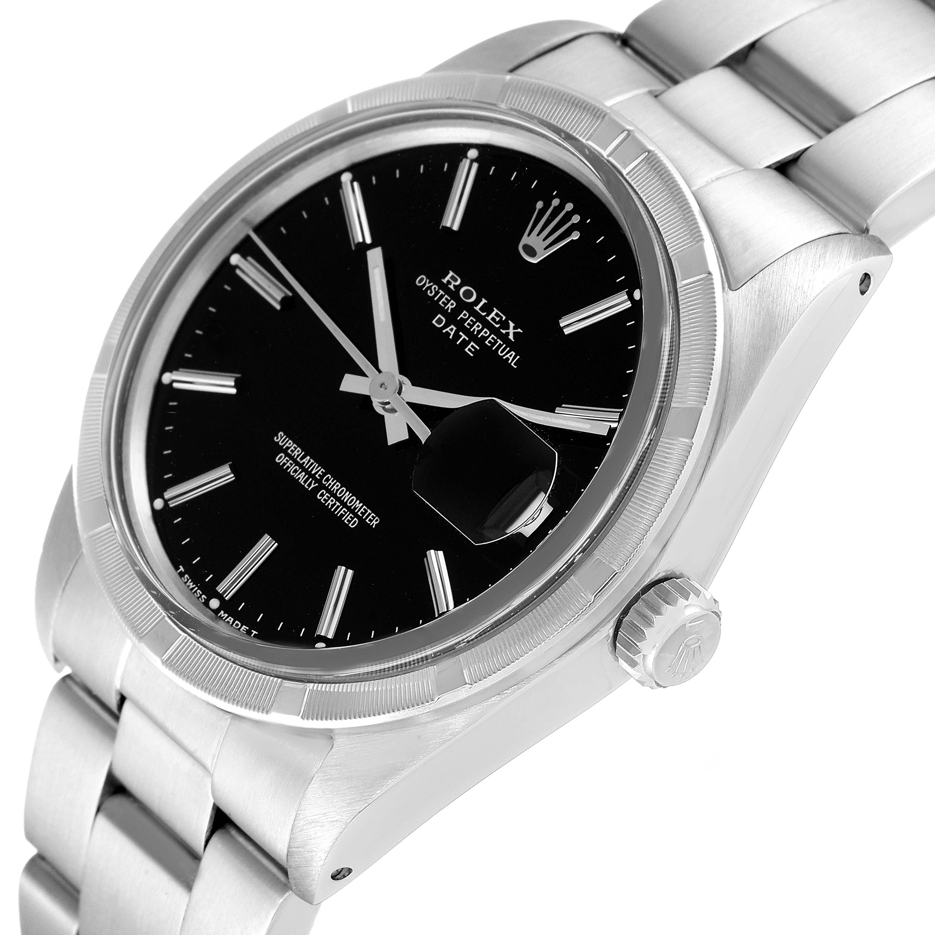 This Rolex Date 15010 Men's Stainless Steel Black Dial 15010 Men's Stainless Steel Black Dial model watch is shown from a slight side angle, highlighting the dial, bezel, and bracelet.