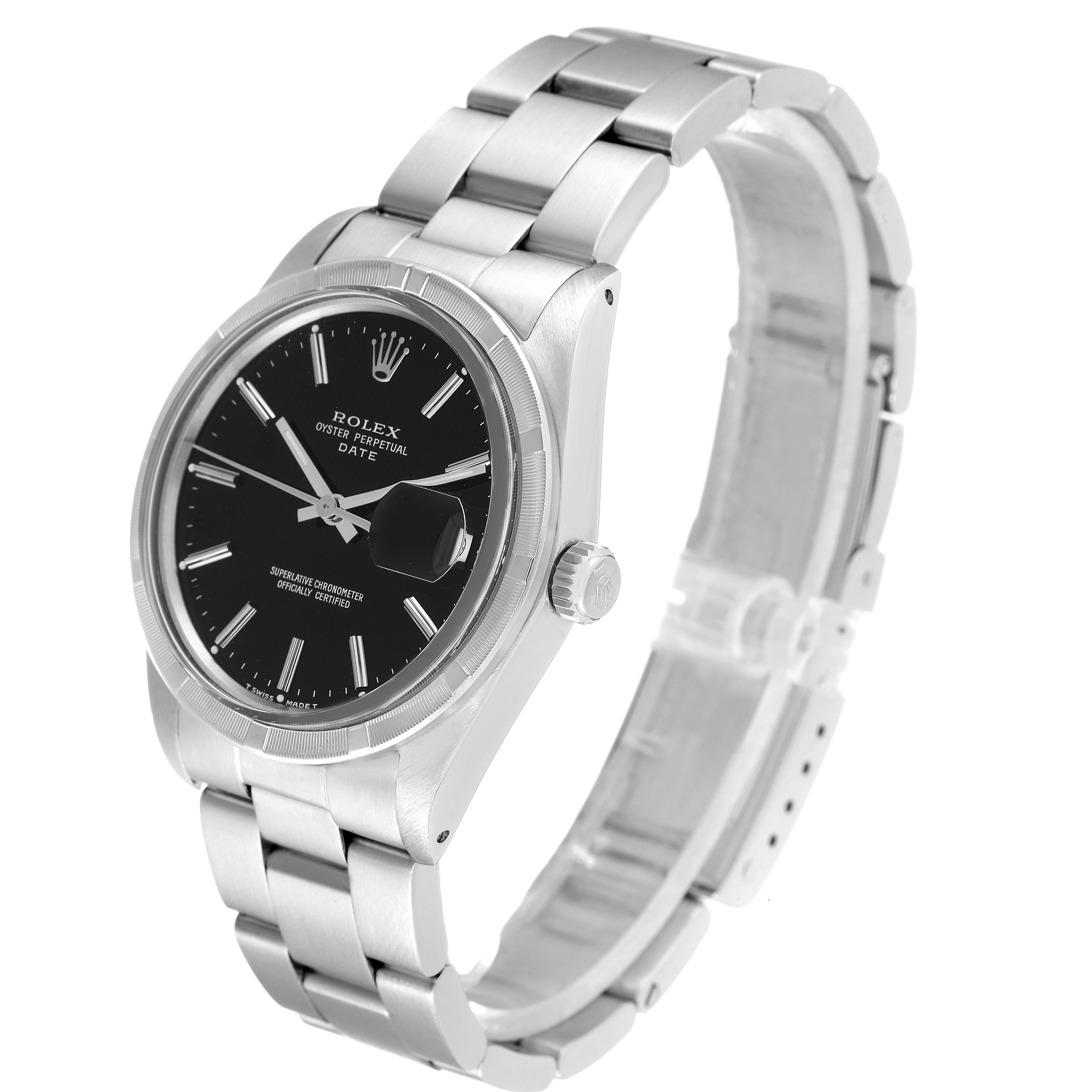 The Rolex Date 15010 Men's Stainless Steel Black Dial 15010 Men's Stainless Steel Black Dial model watch is shown at a slight angle, displaying the face, bezel, bracelet, and crown.