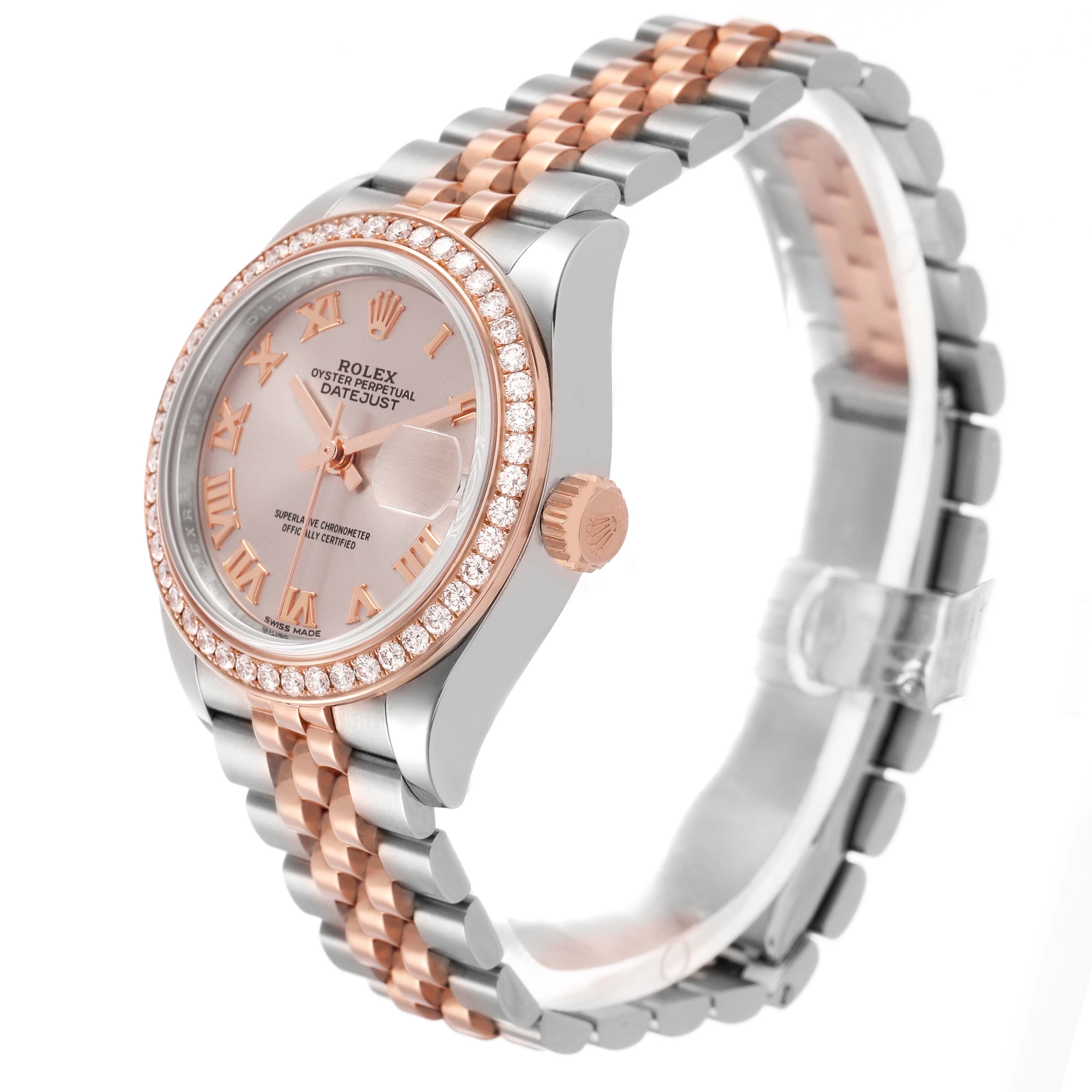 The image shows a side angle of the Rolex Datejust 279381RBR Women's Steel and Gold (two tone) Pink Dial watch, highlighting its two-tone bracelet, dial, and diamond bezel.