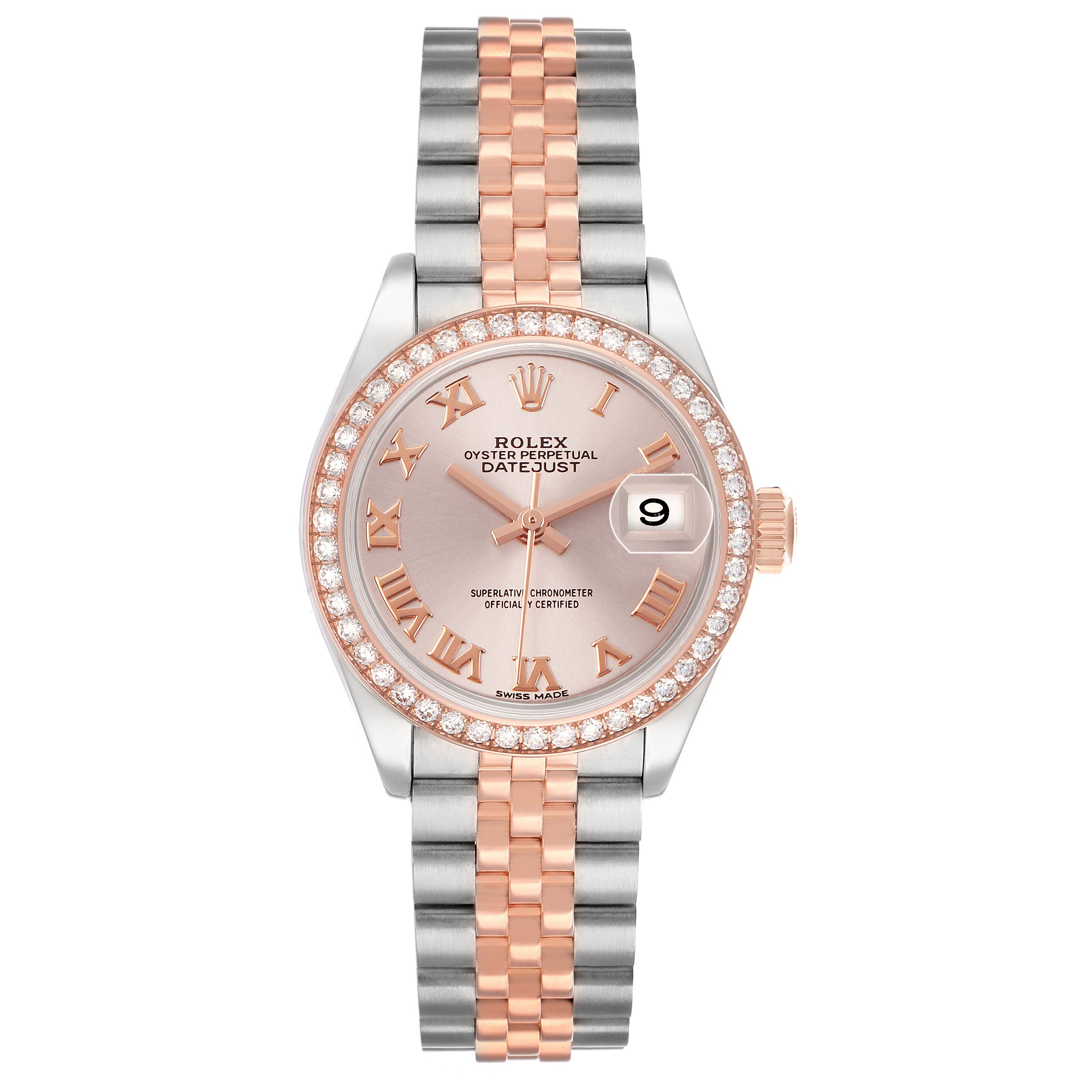 The Rolex Datejust 279381RBR Women's Steel and Gold (two tone) Pink Dial watch is shown from the front, displaying the face, bracelet, bezel, and crown.