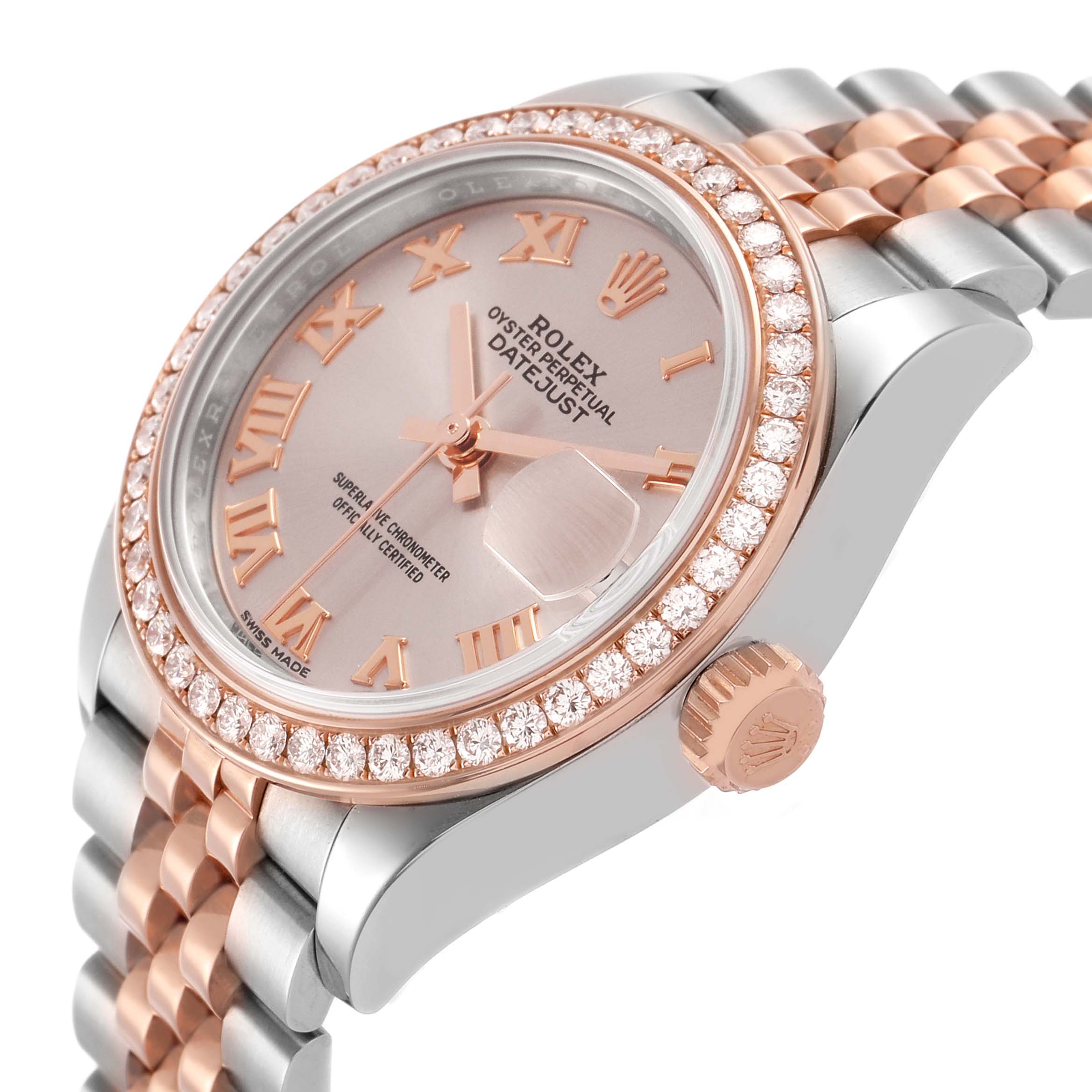 The Rolex Datejust 279381RBR Women's Steel and Gold (two tone) Pink Dial watch is shown at an angled side view, highlighting the bezel, crown, and partial bracelet.