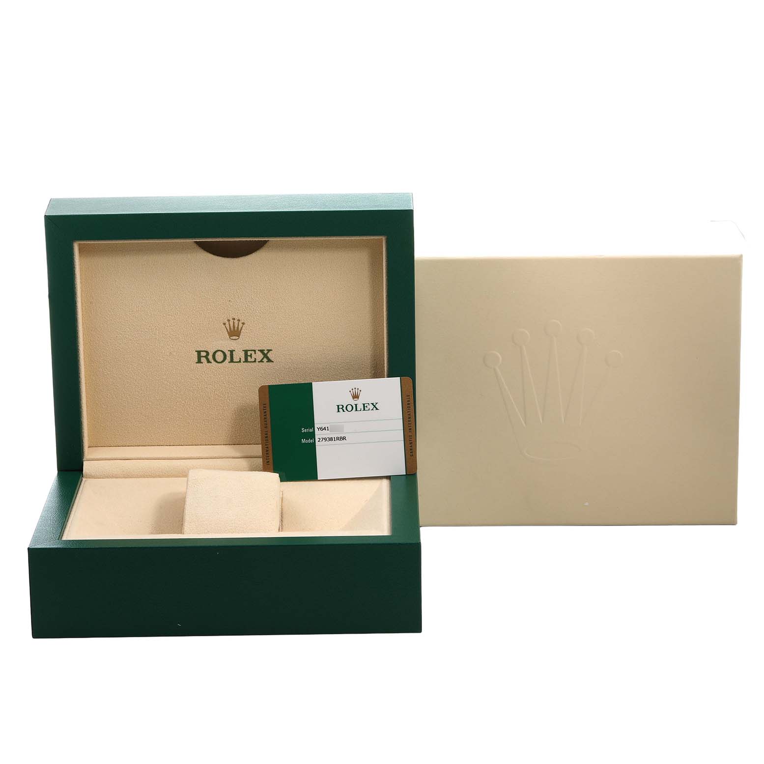 The image shows a Rolex Datejust 279381RBR Women's Steel and Gold (two tone) Pink Dial box with the lid open, displaying its interior and an authenticity card.