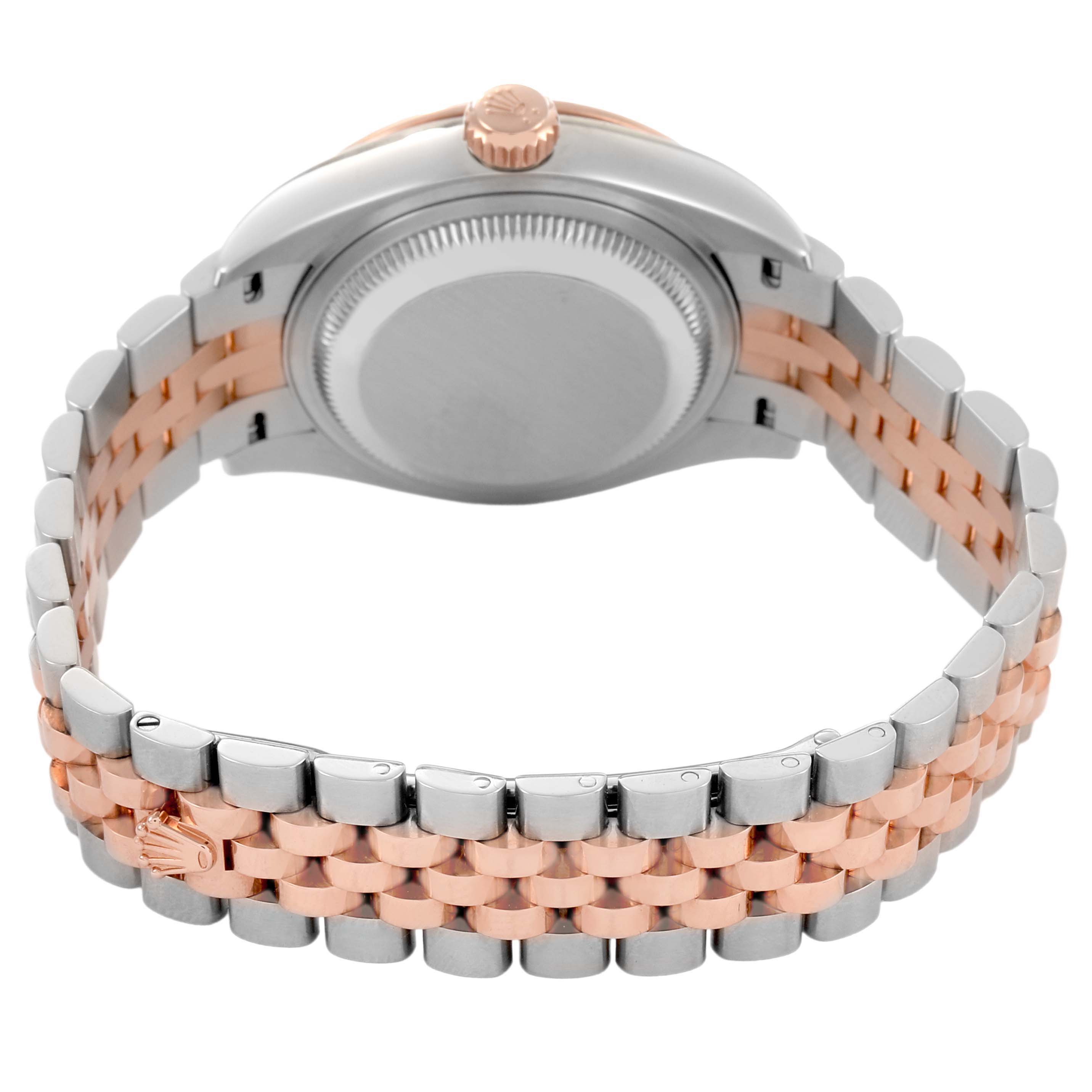 The image shows the back view of a Rolex Datejust 279381RBR Women's Steel and Gold (two tone) Pink Dial, highlighting its two-tone bracelet, case back, and crown.