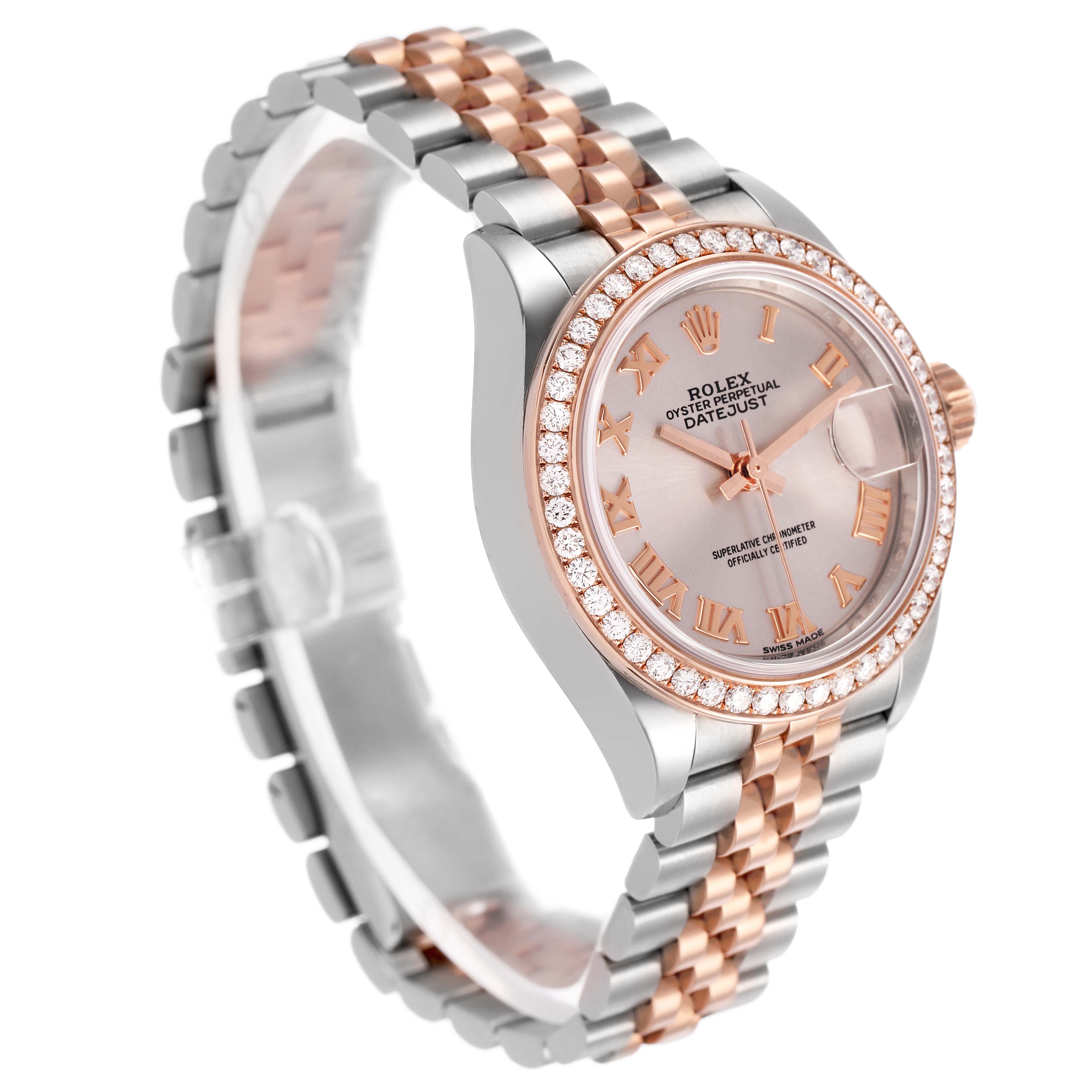 The Rolex Datejust 279381RBR Women's Steel and Gold (two tone) Pink Dial watch is shown at a side angle, highlighting the face, bezel, and bracelet.