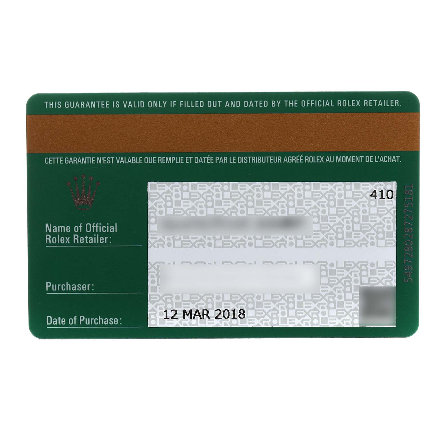 This image shows a warranty card for a Rolex Datejust 279381RBR Women's Steel and Gold (two tone) Pink Dial watch, featuring a green and white design with official retailer information.