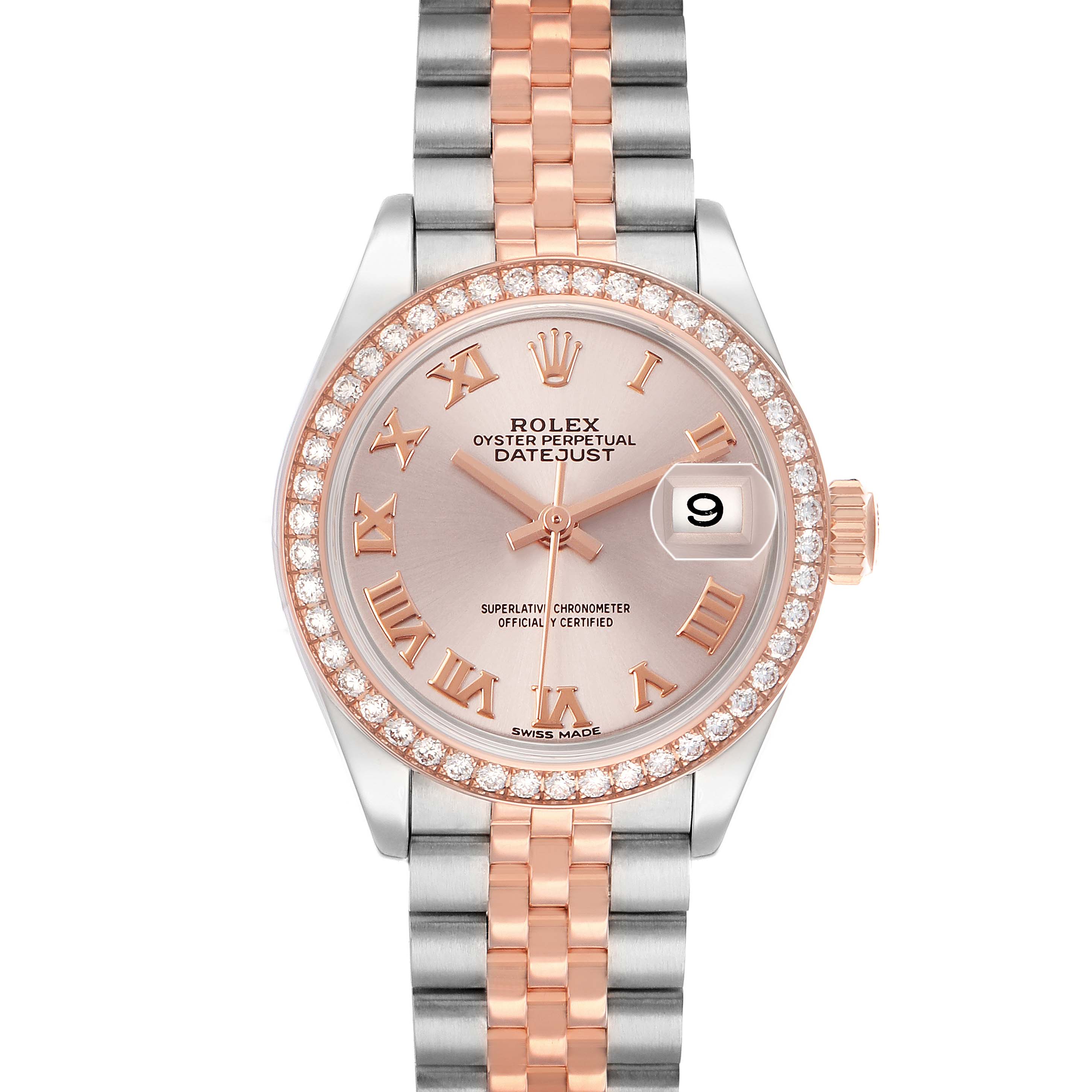 The Rolex Datejust 279381RBR Women's Steel and Gold (two tone) Pink Dial is shown from a front angle, displaying the dial, bezel, crown, and bracelet.