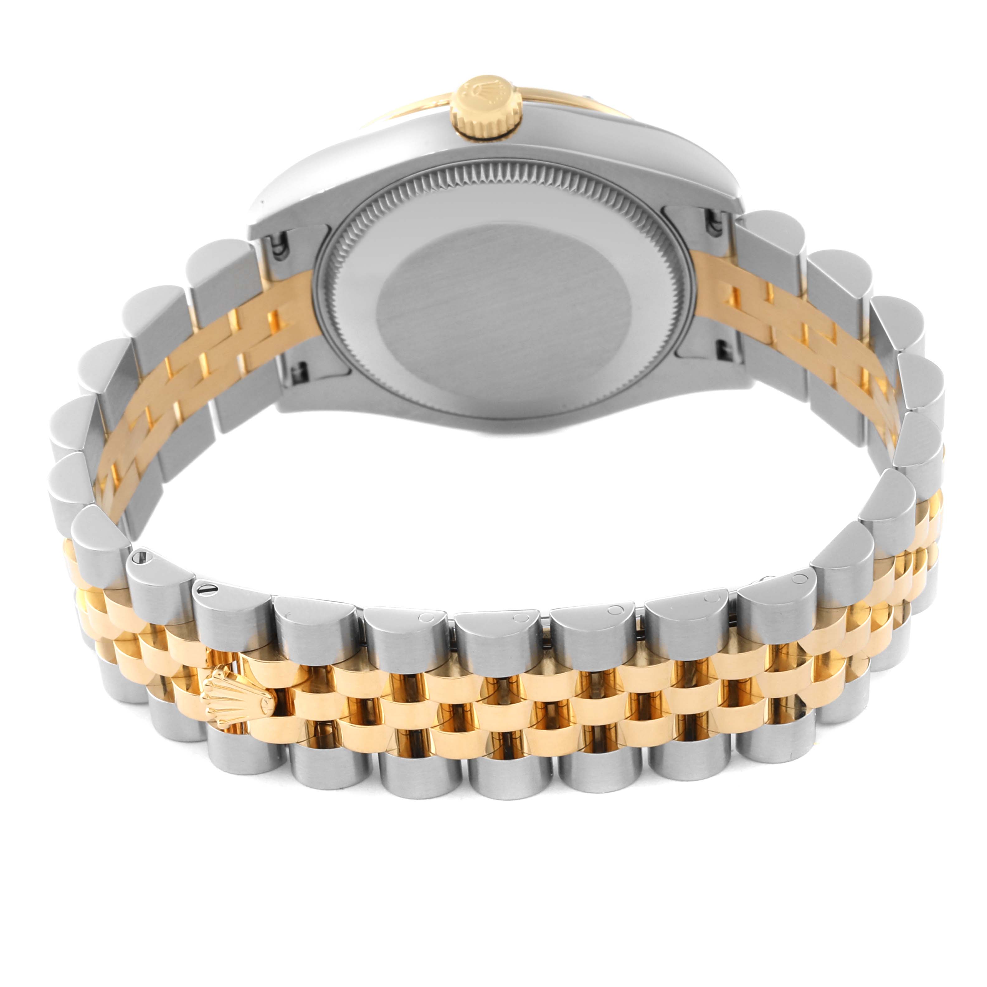 The image shows the back view of a Rolex Mid-Size 178343 Women's Steel and Gold (two tone) Mother of Pearl Dial 178343 Women's Steel and Gold (two tone) Mother of Pearl Dial model watch, highlighting the bracelet and case back.