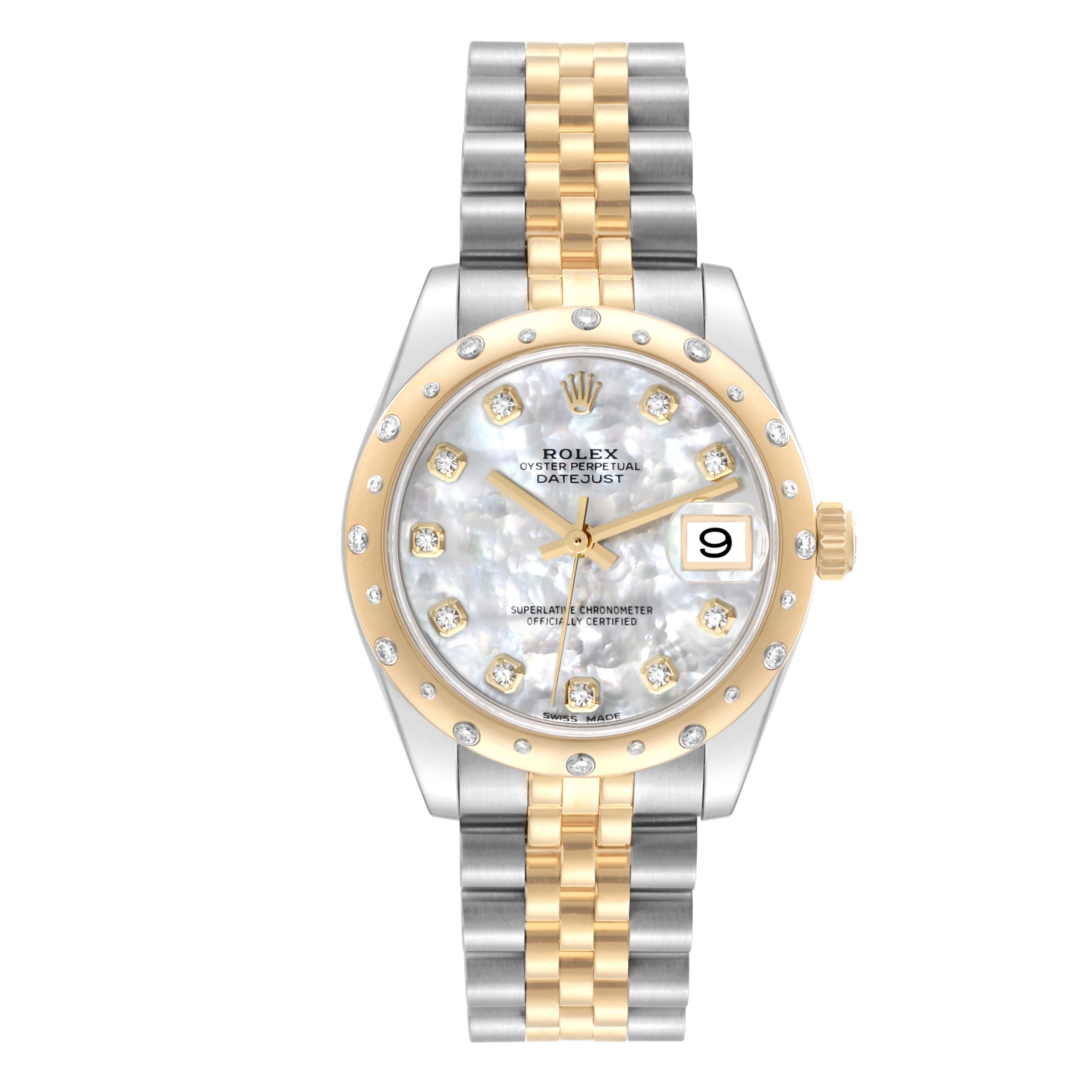 The image shows a front view of a Rolex Datejust Mid-Size watch, highlighting its two-tone bracelet and diamond-studded bezel and dial.