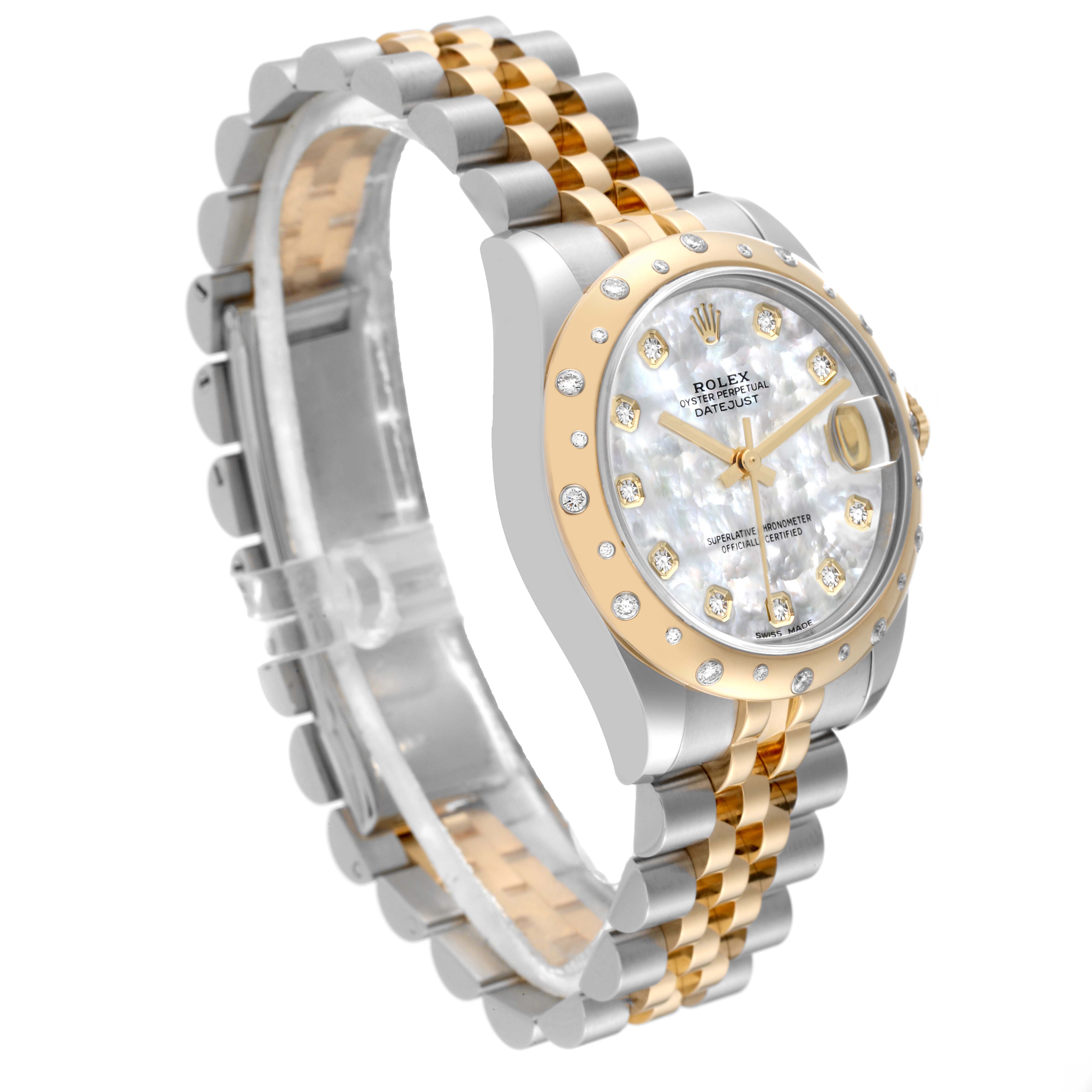 The image shows a Rolex Mid-Size 178343 Women's Steel and Gold (two tone) Mother of Pearl Dial 178343 Women's Steel and Gold (two tone) Mother of Pearl Dial watch at a three-quarter angle, highlighting its dial, bezel, and two-tone bracelet.