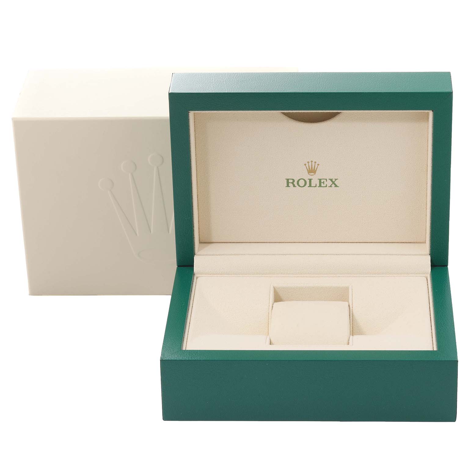The image shows a Rolex Mid-Size 178343 Women's Steel and Gold (two tone) Mother of Pearl Dial 178343 Women's Steel and Gold (two tone) Mother of Pearl Dial model watch box and packaging, featuring an open green and cream-colored interior.