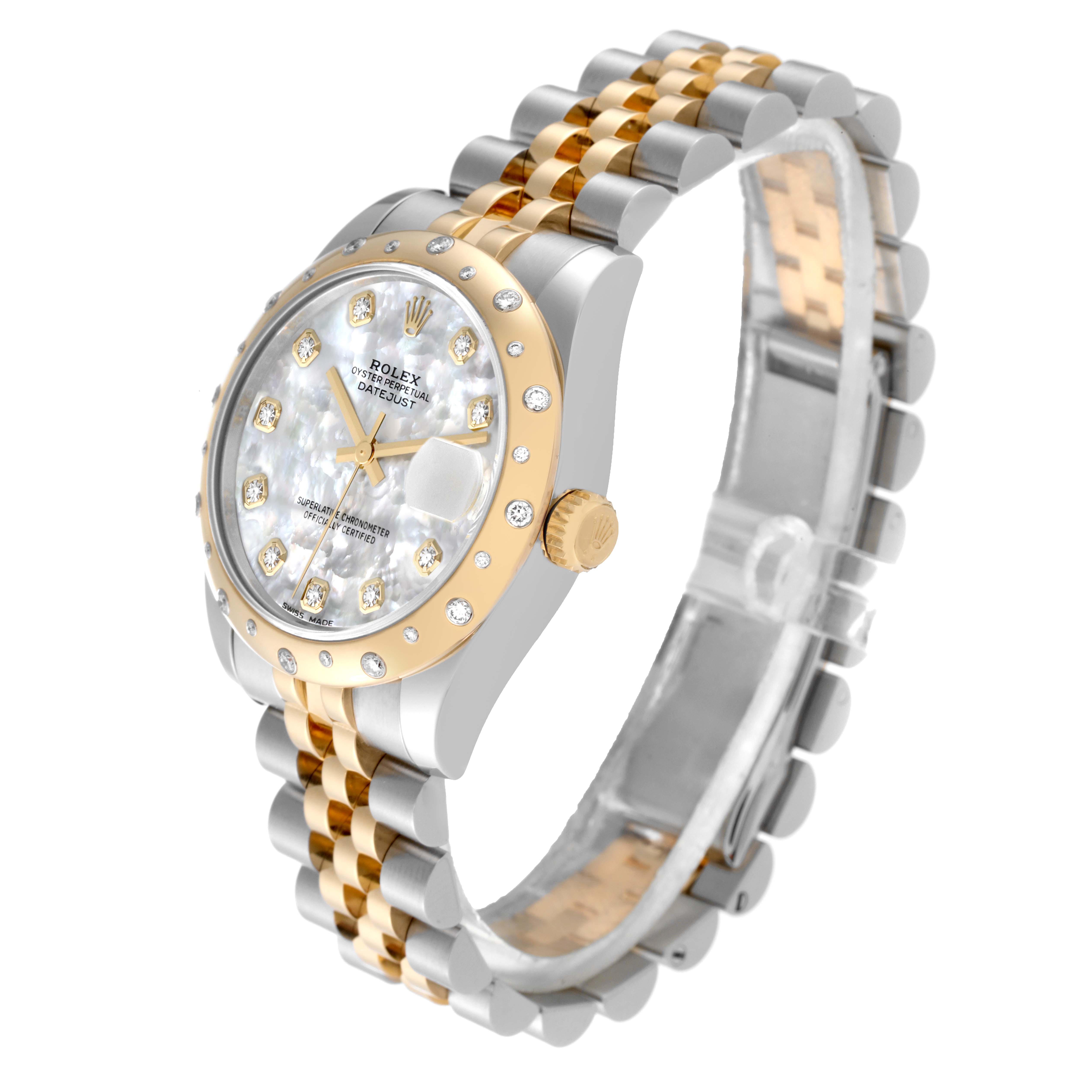 The image shows a Rolex Mid-Size 178343 Women's Steel and Gold (two tone) Mother of Pearl Dial 178343 Women's Steel and Gold (two tone) Mother of Pearl Dial Datejust watch from an angled side view, highlighting its two-tone bracelet and diamond-set bezel.